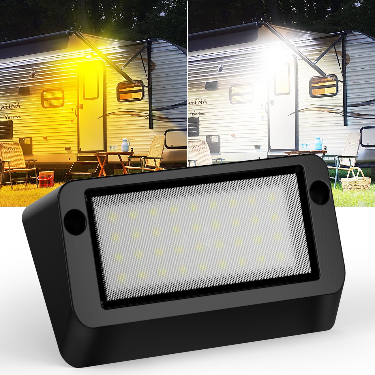 Safoner Heavy-Duty Aluminum RV Porch Light, IP67 Waterproof, Dual Color Amber & White, 1400LM, 12V-30V, Black Housing, 1 Pack
