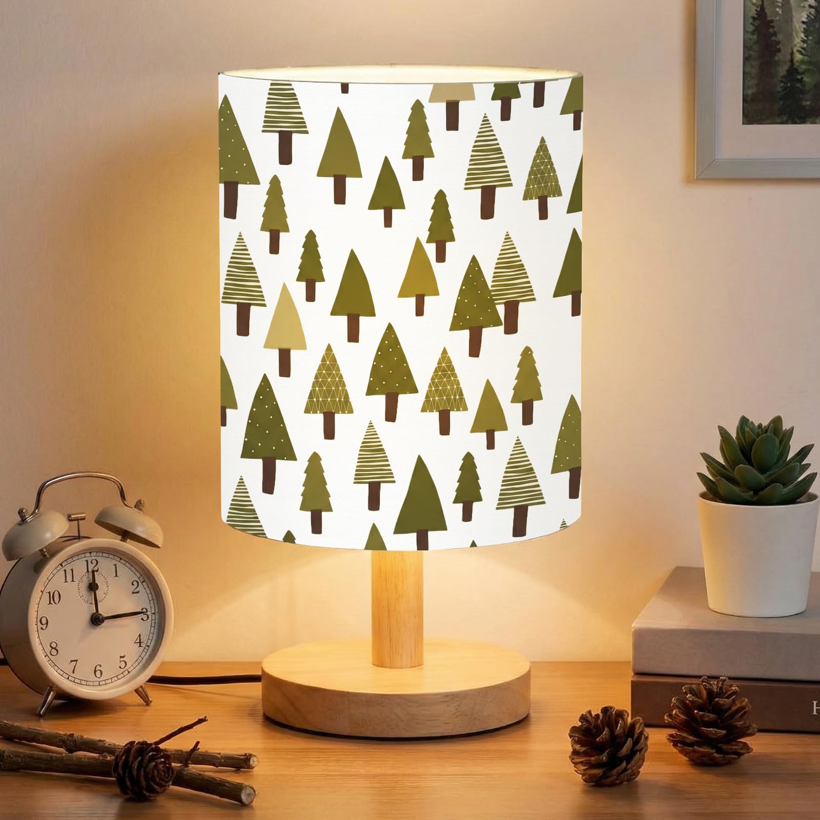 VIHOSE Woodland Kids Table Lamp for Bedroom Kids Bedside Lamp with Linen Wooden Nightstand Cartoon Nursery Lampshade for Girls B