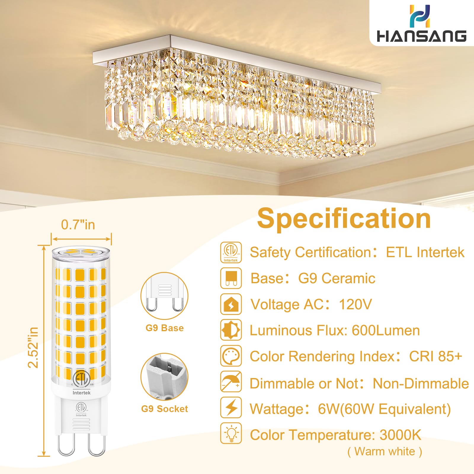 Hansang G9 Led Bulb,6W(60W Halogen Bulb Replacement), Chandelier Light Bulbs,88 Leds,Warm White 3000K,Non-Dimmable,G9 Bi Pin Bas
