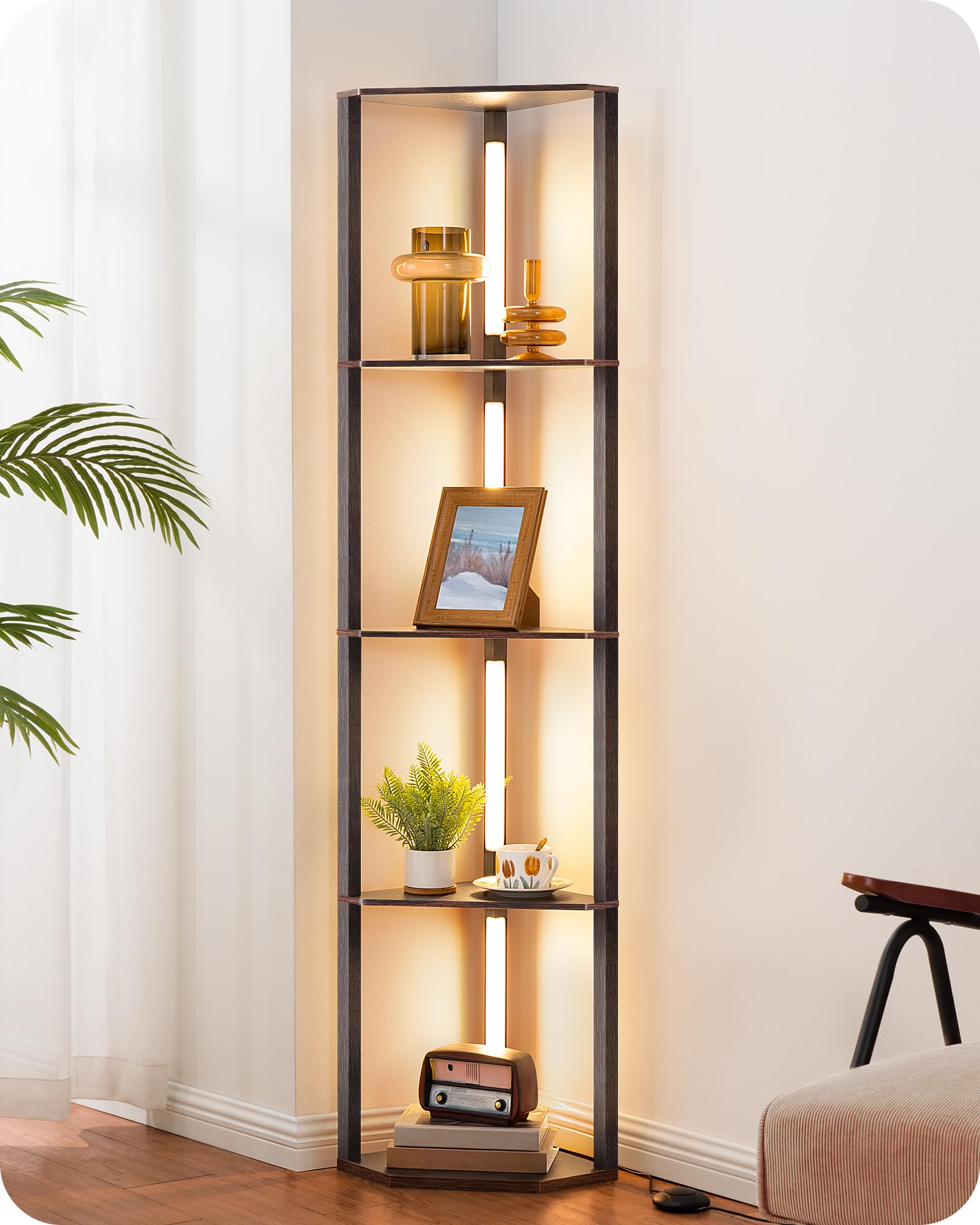 EDISHINE 64in Corner Shelf Floor Lamp, Stepless Dimmable, 3CCT, Black Walnut, Model HFLHA1D, Wood, 12inD x 12inW