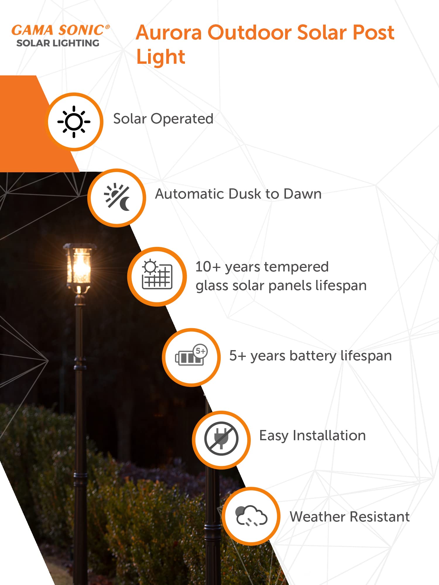 Gama Sonic Aurora Bulb Solar Light, 50 Lumen, Black Cast Aluminum, Tempered Glass, Lamp with Post, 2700K Warm White