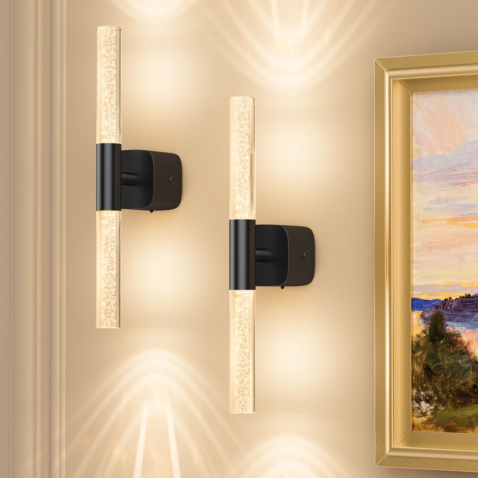 Eclipterra Battery Operated Wall Sconce Set of 2 Black Rechargeable Crystal Sconce Wall Decor Set of 2 with 12000mAh 16 CCT Dimmable 350 Rotate Remote Wireless Wall Light for Bedroom Living Room