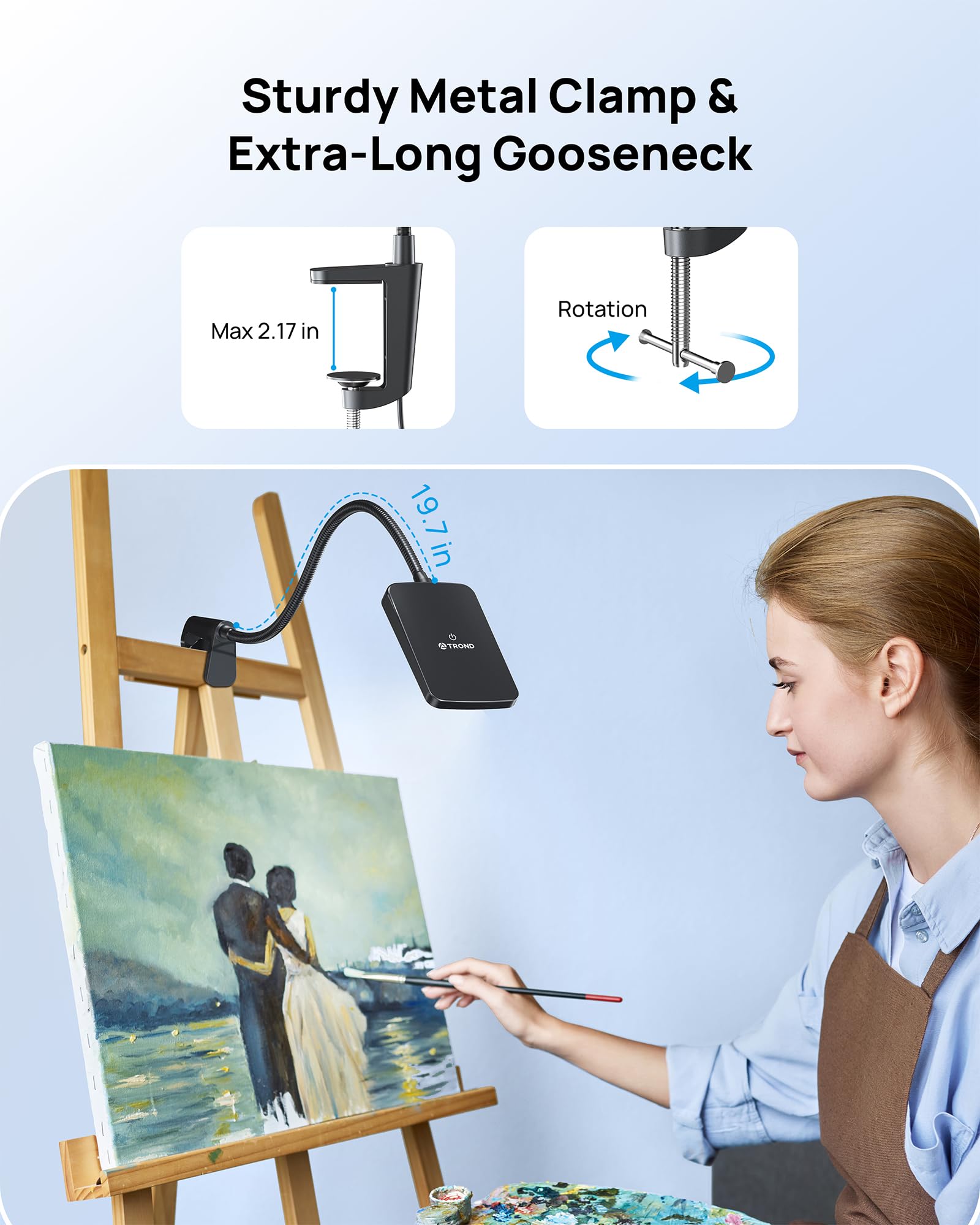 TROND LED Desk Lamp - 1000LM Dimmable Clamp Lamp, 6000K Daylight, Flexible Gooseneck, Black, Model Halo 9W-C
