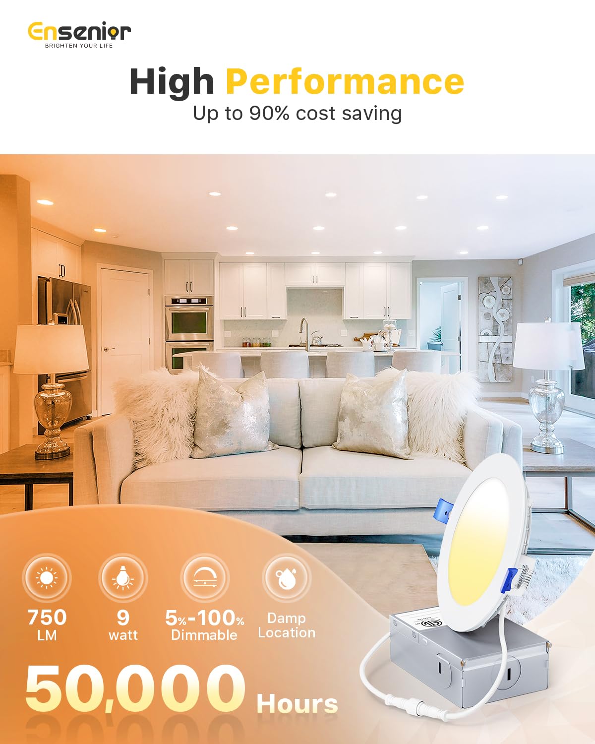 Ensenior 6 Pack 4 Inch Led Recessed Light, Dimmable, 3000K Warm White, 750Lm High Brightness, 9W 120V, Damp Rated, Ultra-Thin Ca