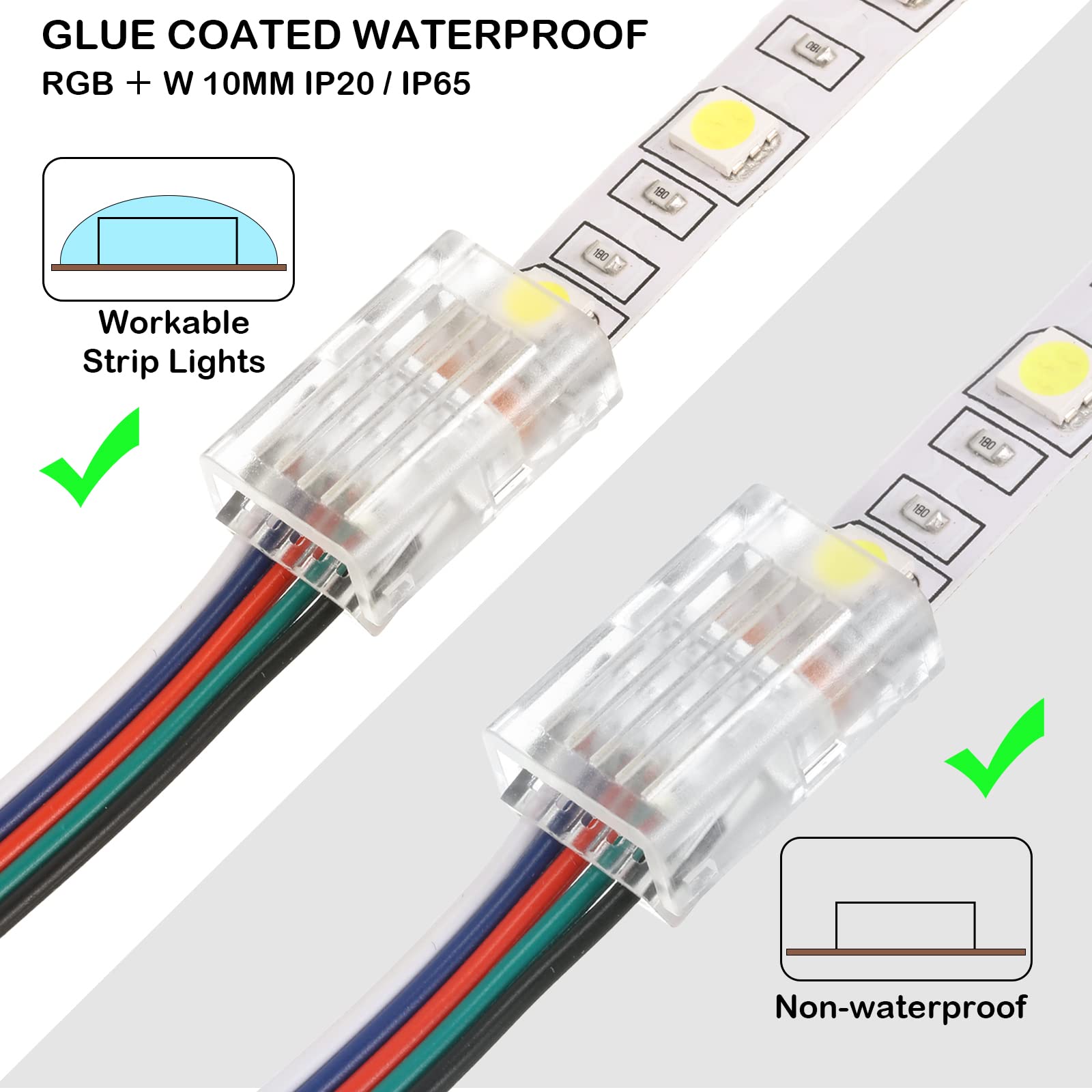 Flutesan LED Strip Connector, 20 Pcs, 5 Pin 10 mm, Waterproof Adapter, RGB Lights, Transparent