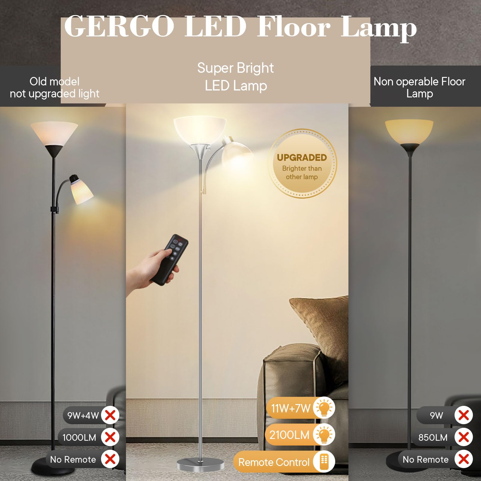 GERGO Floor Lamp with Remote Control, LED Torchiere, 4 Color Temperatures, Brushed Nickel
