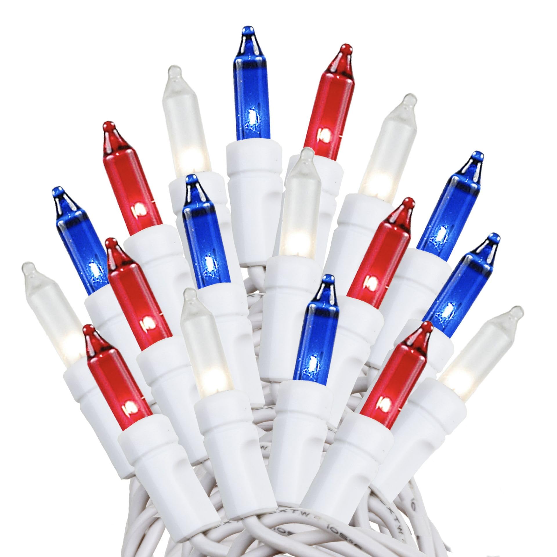 Novelty Lights 50 Feet 100 Bulb Incandescent Mini Light String, Red/White/Blue with 6-Inch Spacing on White Wire, UL Listed Comm