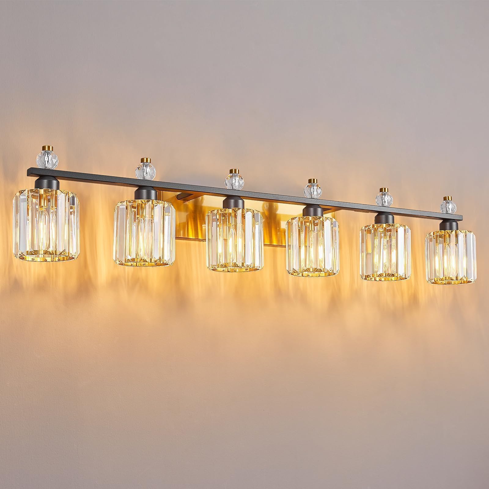 FDPBY Bathroom Vanity Lights 6-Light Black Gold Modern Crystal Vanity Light Fixtures Over Mirror Crystal Bathroom Vanity Lighting Fixtures