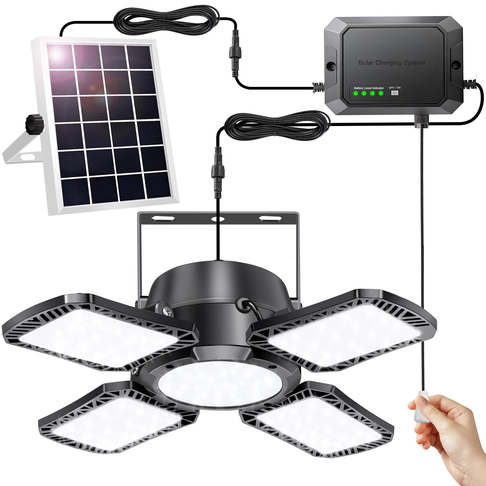 Auzev Solar Shed Light Indoor Outdoor, 172 LED Pendant Light with Pull Switch, Available Day & Night, 2000LM, 2 Dimmable, IP65 W