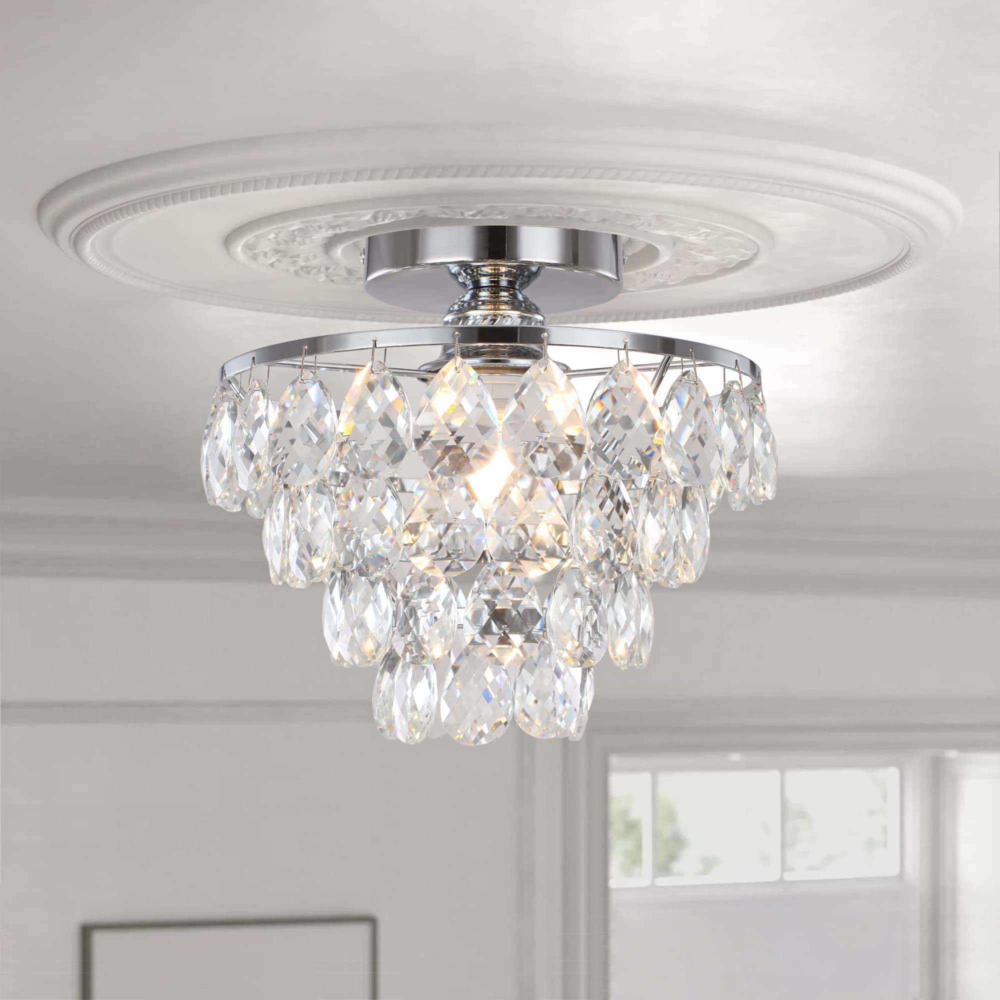 Luupyia Mini Crystal Chandelier - Modern Silver Semi Flush Mount Ceiling Light For Hallway & Bedroom