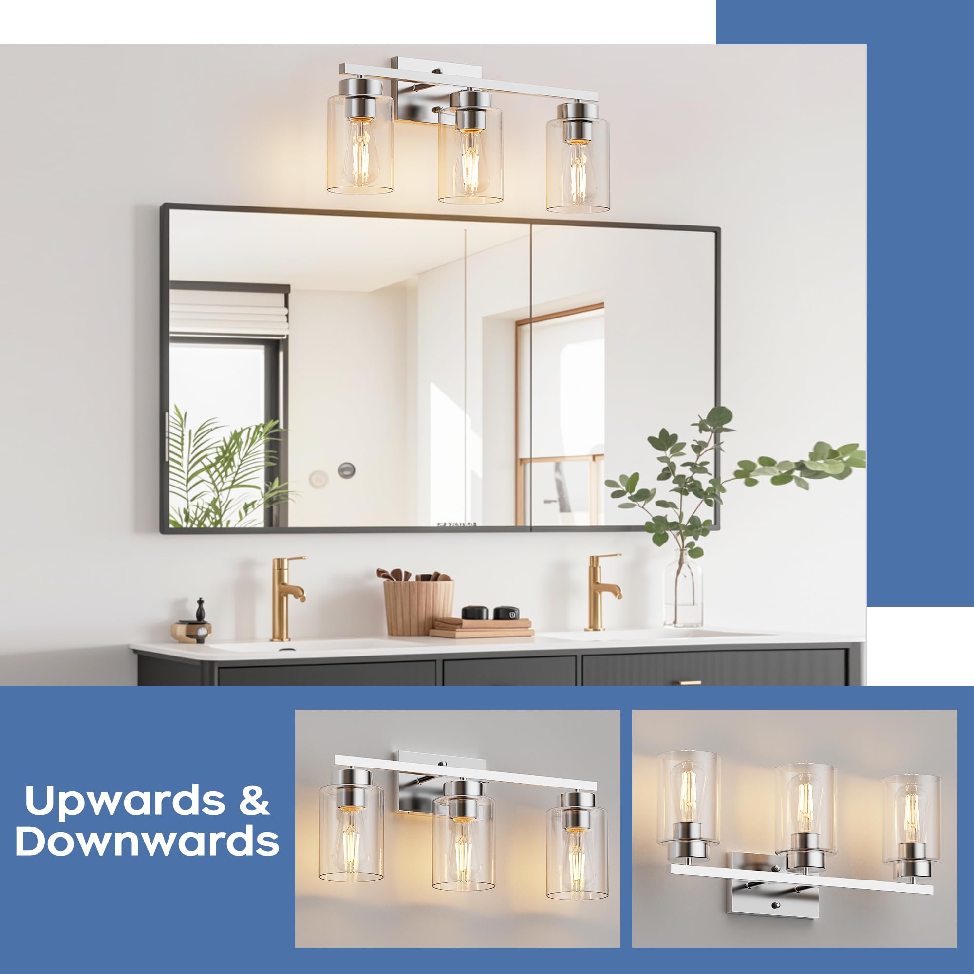 Partphoner 3-Light Bathroom Light Fixtures  Brushed Nickel Vanity Light With Clear Glass Shade  Modern Wall Sconce For Mirror Bedroom Living Room Hallway Lighting