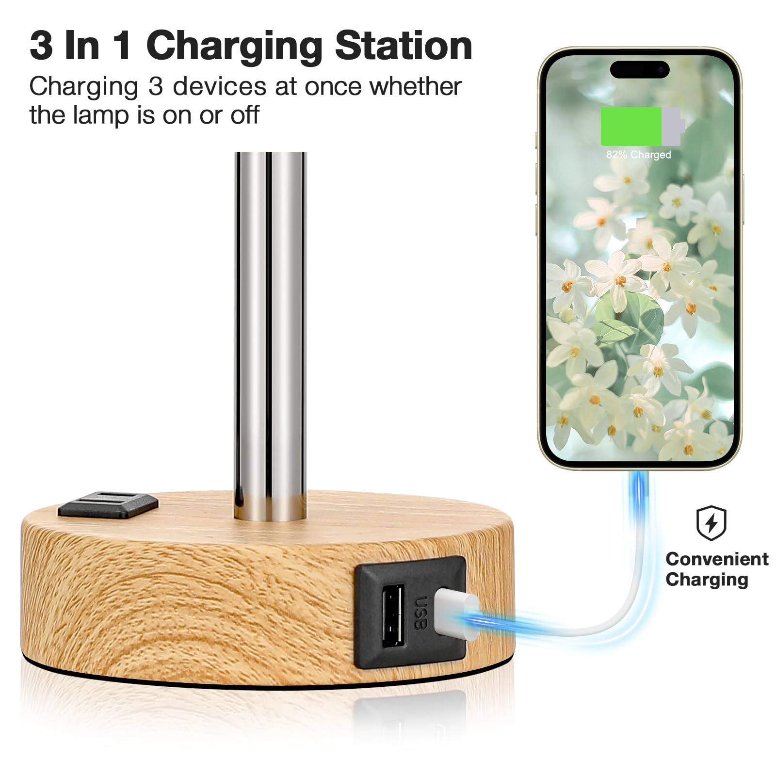 Fenmzee Floral Touch Lamp For Bedroom- 3 Way Dimmable Bedside Lamp Usb C A Charging Ports And Ac Outlet, Small Table Lamp Floral