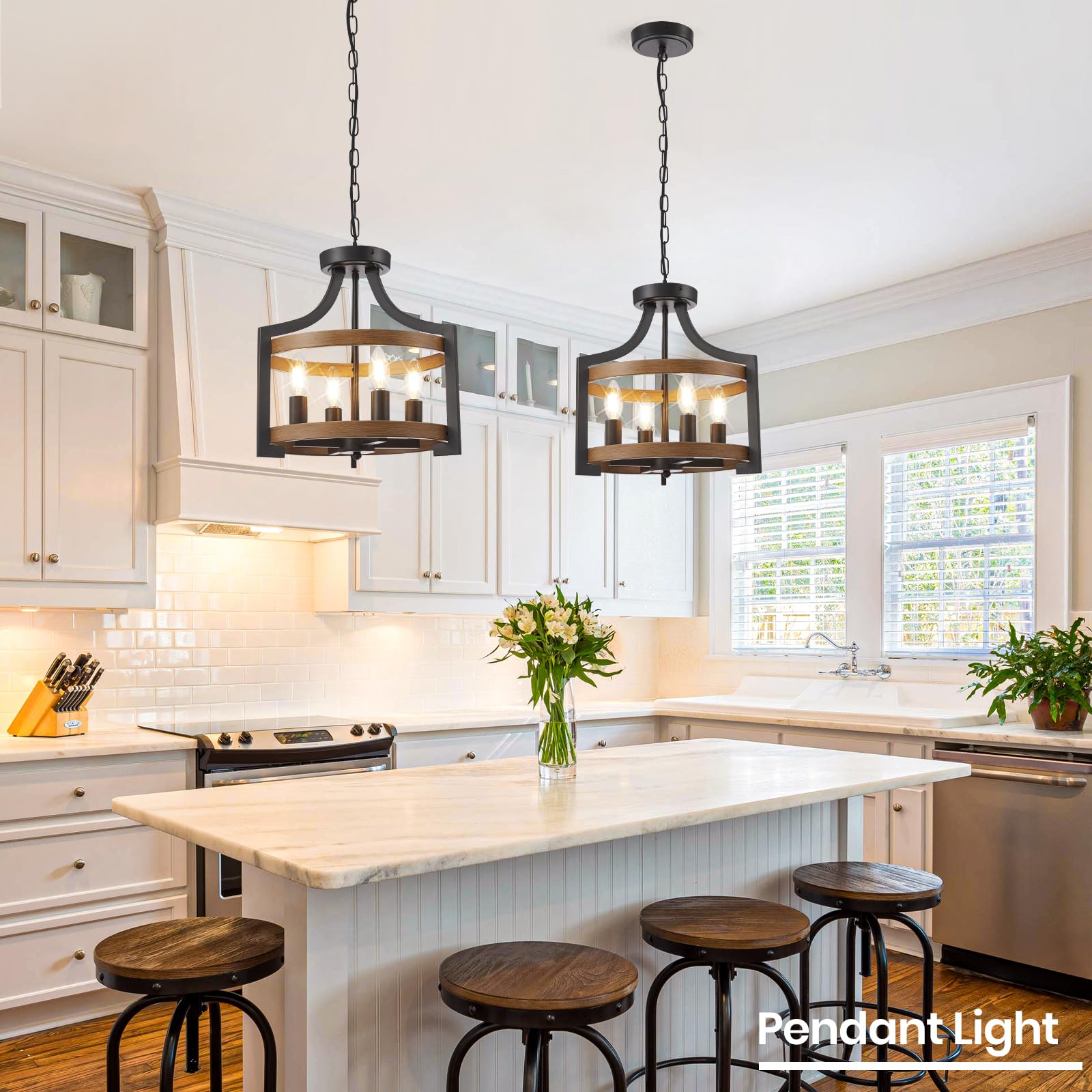 Hoxiya Farmhouse Chandelier, Convertible Semi Flush Mount Ceiling Light, 4 Light Modern Hanging Pendant Lighting, Black And Faux