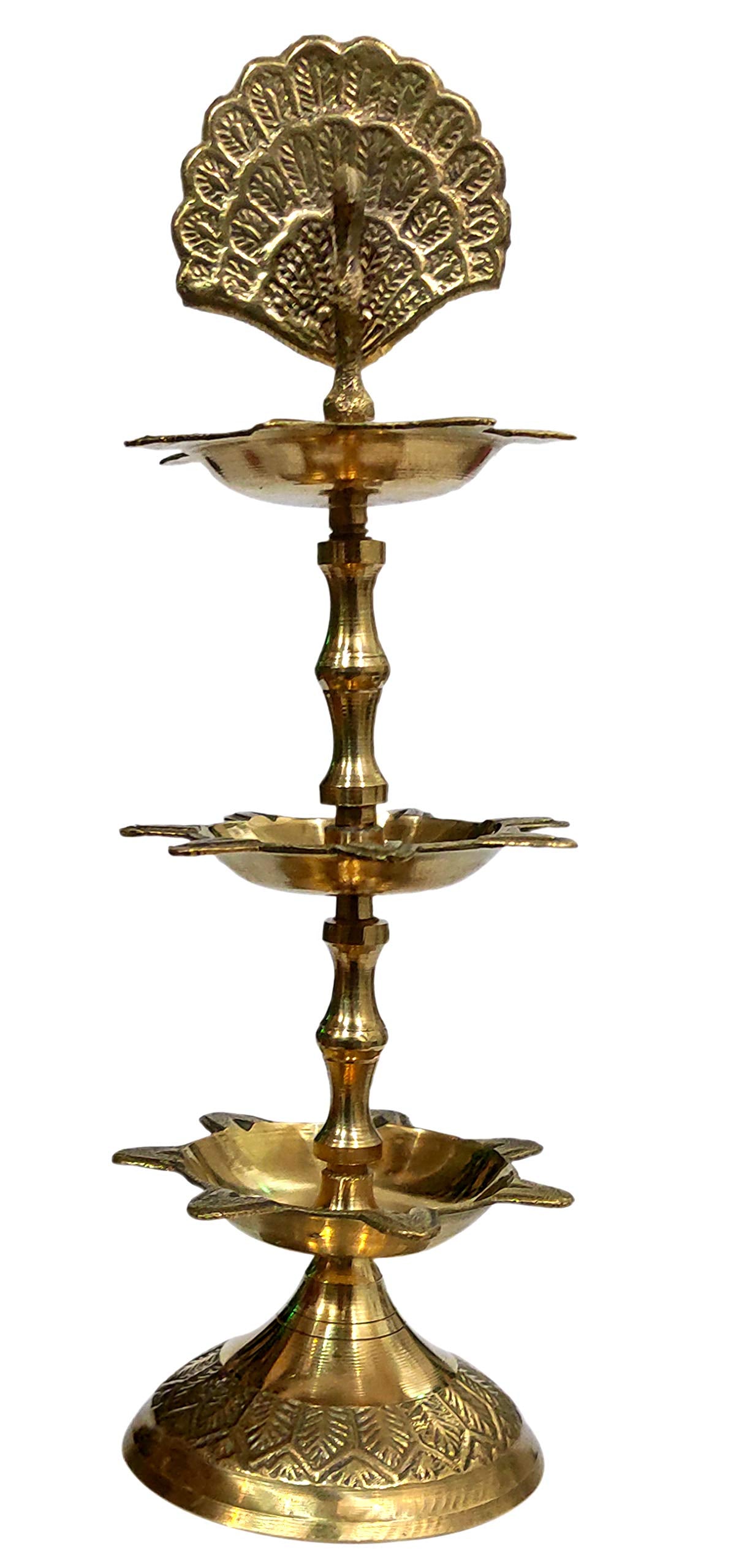 Purpledip Brass Kuthu Vilakku Peacock Oil Lamp, 8 Inches, Golden, Model 12118, Traditional Design Diya For Inauguration