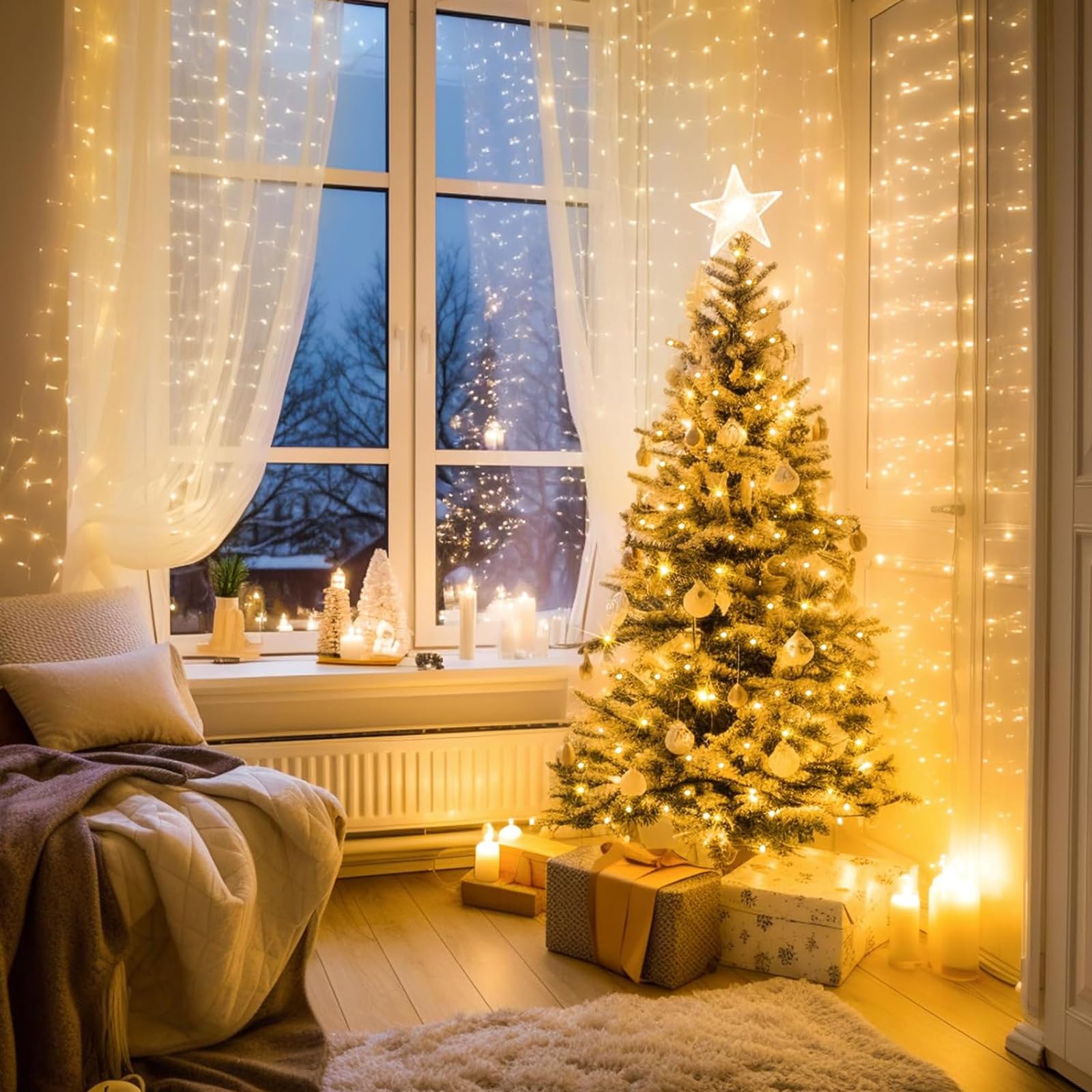 Wotilzeen 200LED 60FT Warm White String Lights - Waterproof Twinkle Lights with 8 Modes & Timer for Indoor/Outdoor Holiday Decorations