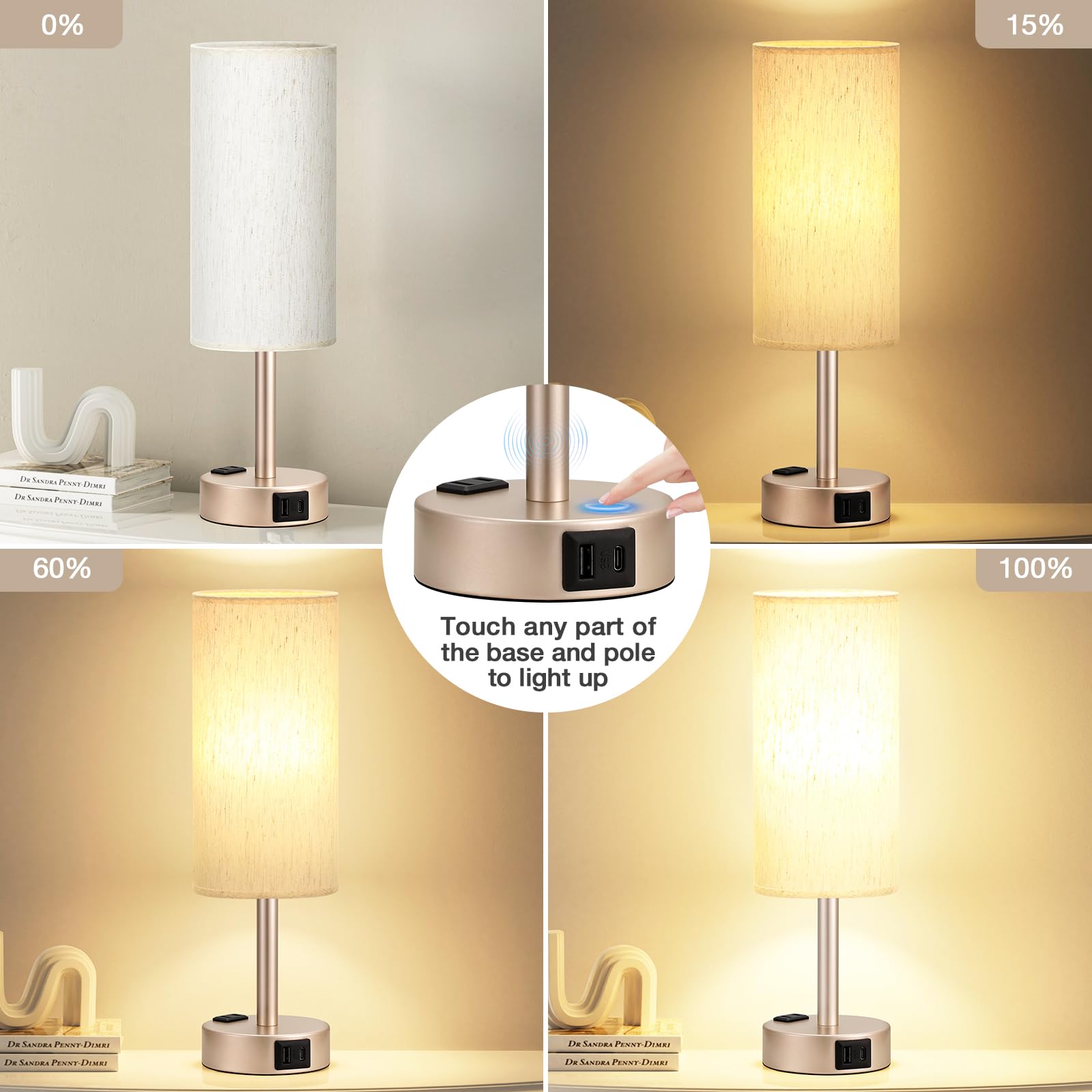 Fenmzee 3-Way Dimmable Touch Bedside Table Lamp - 14" Cream Shade, USB C Charging Ports, AC Outlet, Model 12-25