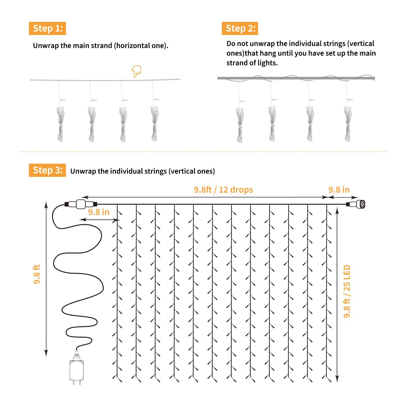 Brightown 300 Led Curtain Lights For Bedroom 9.8 Ft Hanging Window Lights With Remote, Connectable, 8 Modes, Waterproof Fairy Lights For Outdoor Indoor Christmas Holiday Party, Orange