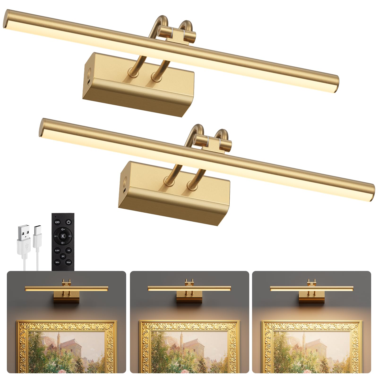 Percantis Battery Operated Wall Light for Living Room, 4000mAh Picture Light for Wall Set of 2, Remote & Touch Control, 3 Color 