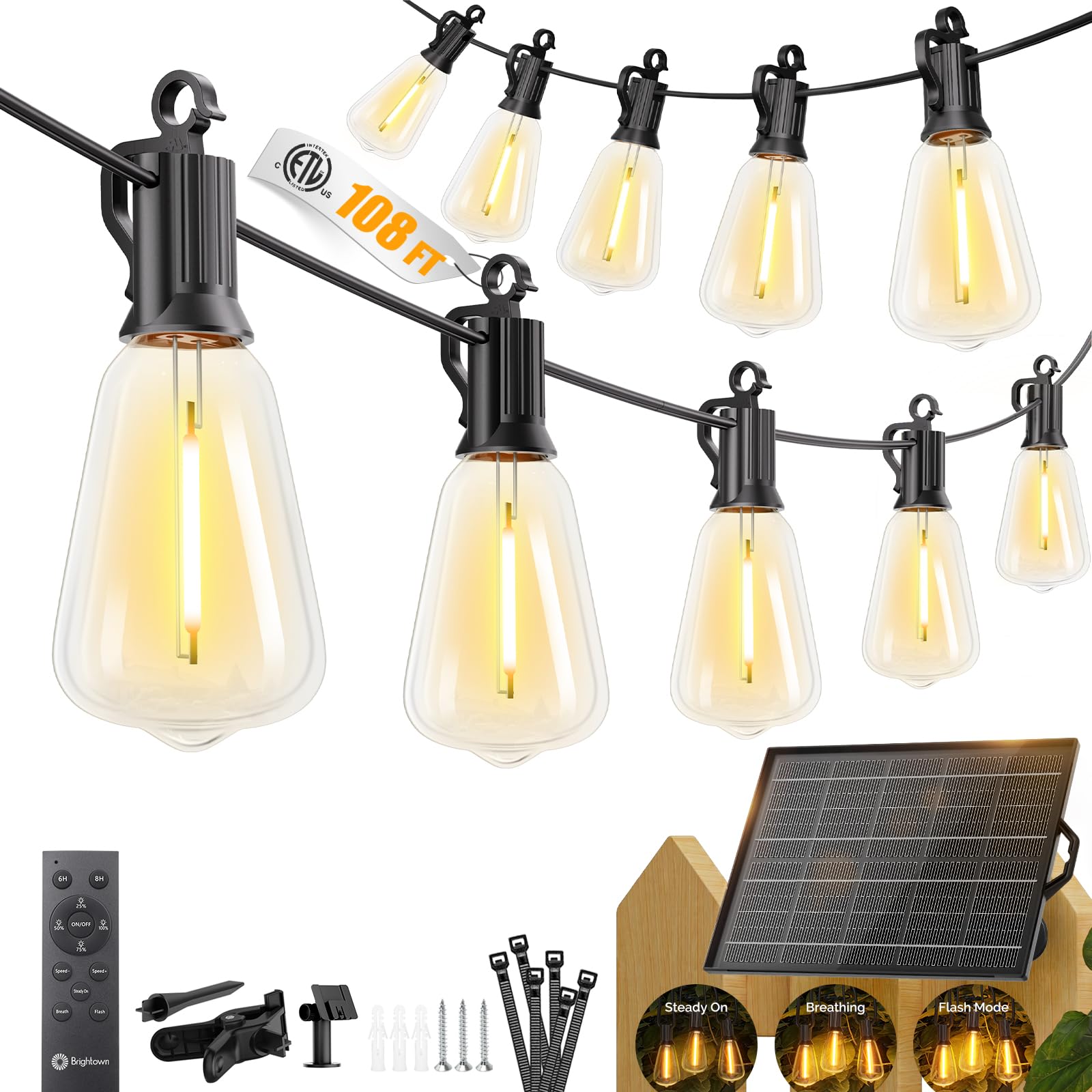 Brightown 108FT 50+2 LED Solar String Lights Outdoor Waterproof, Patio Lights with Remote and Shatterproof Bulbs, Dimmable & Tim