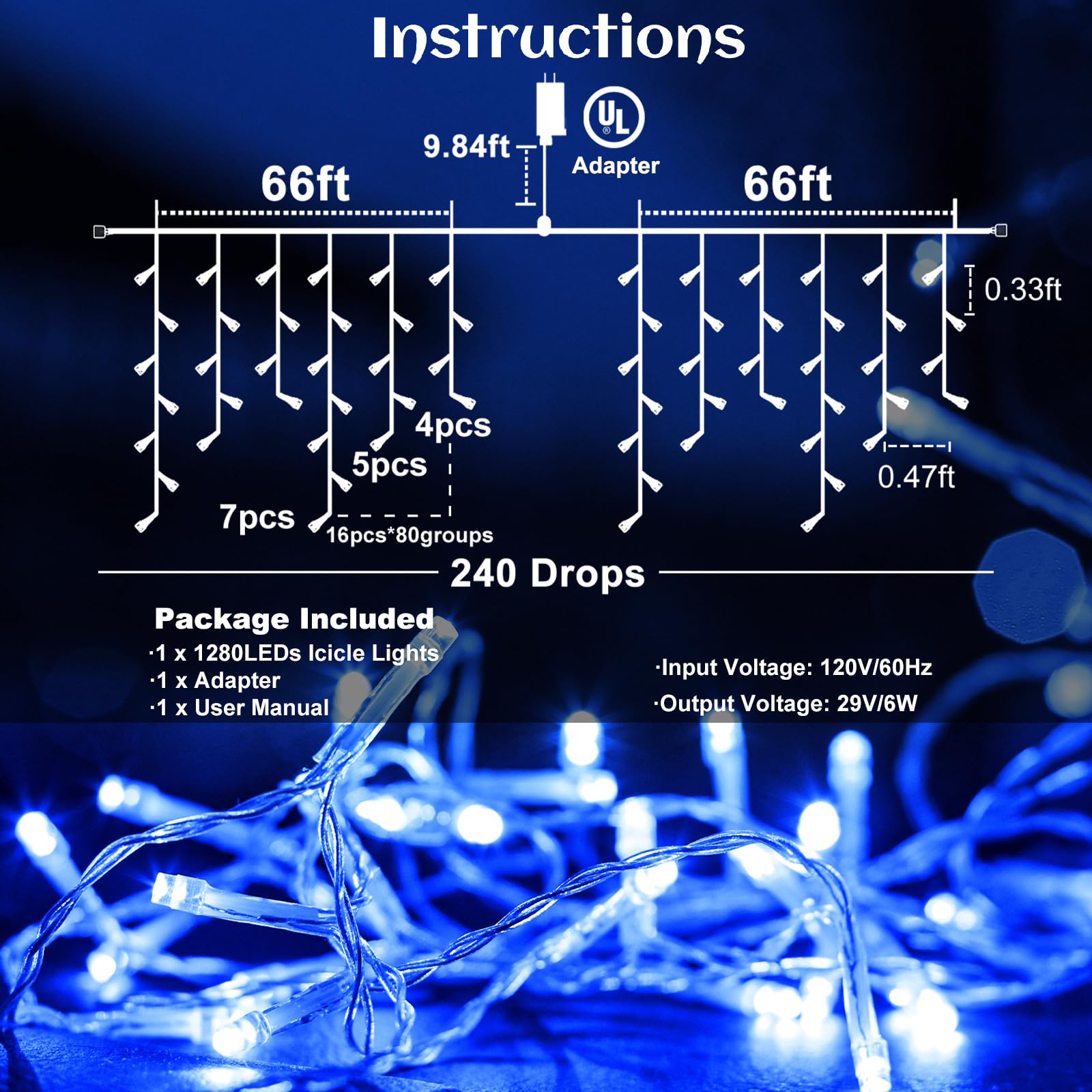 Nielfoi 132ft Icicle Lights, 1280 LED Blue Outdoor Christmas Lights, Waterproof, 8 Modes, Model BG-CL3M3-306L01