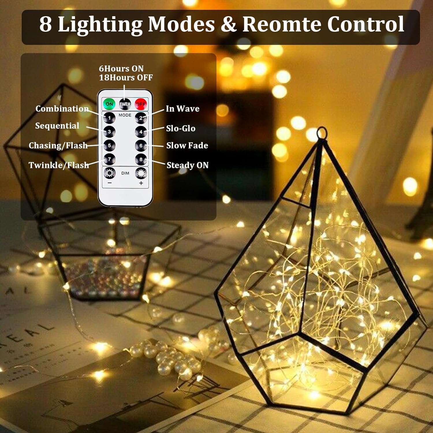 2-Pack 50 Led Fairy Lights Battery Operated With Remote Control Timer, 16 Ft 50 Led Battery Lights Outdoor Indoor, 8 Mode Twinkle String Lights For Classroom Party Bedroom Christmas Décor (Warm White)