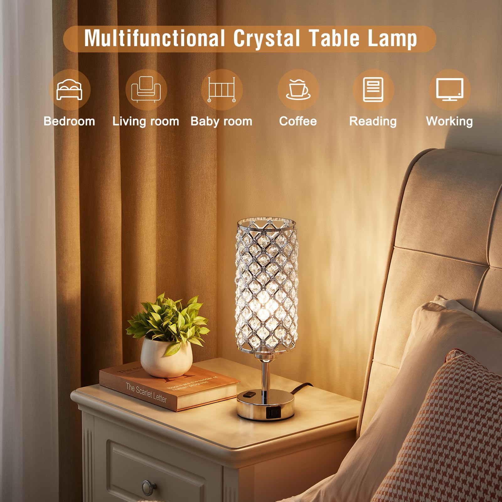 Hong-In Crystal Table Lamp, Lamp For Bedroom With Usbc-A+ Ac Charging Ports, 3 Way Dimmable Light With Crystal Lampshade, Bedsid