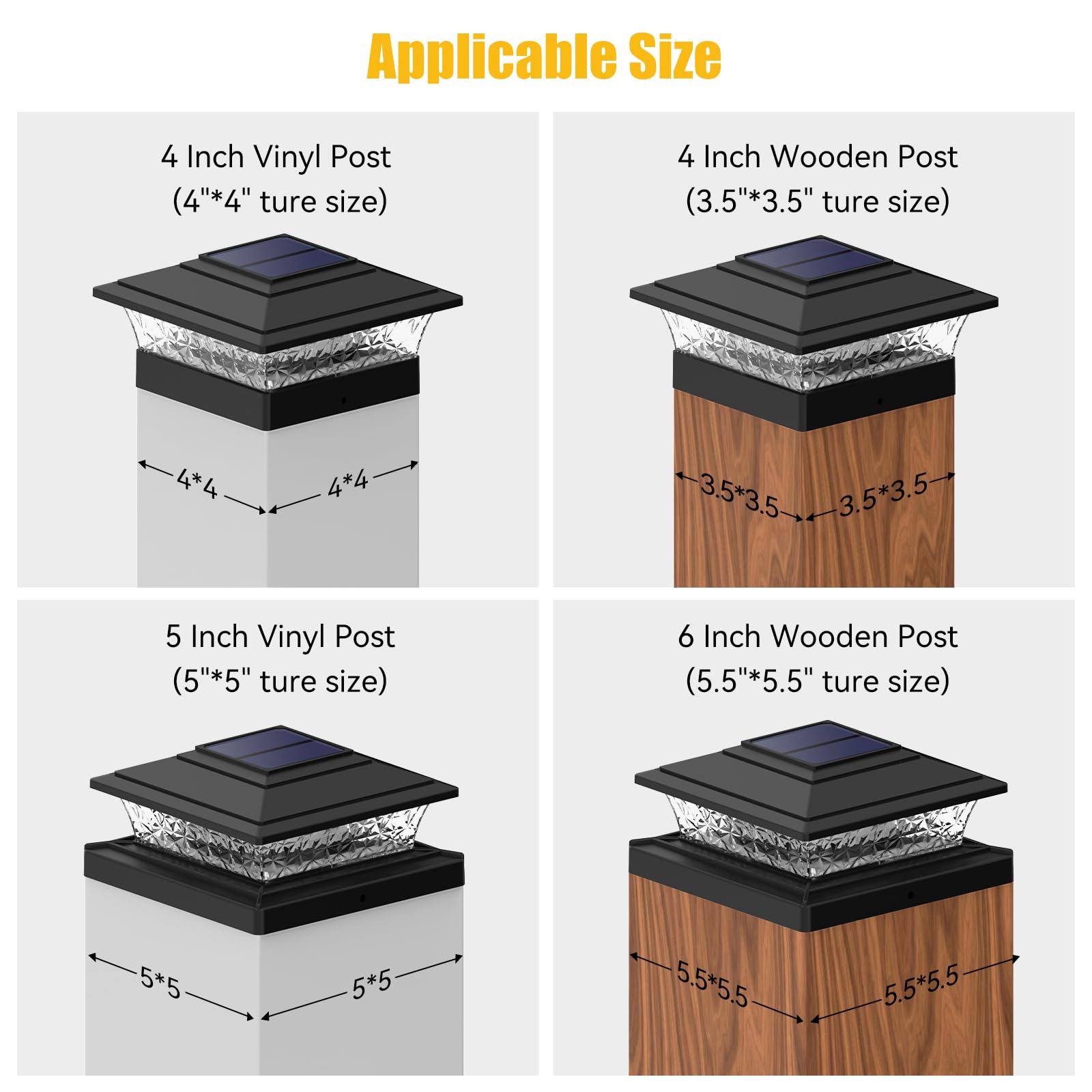 APONUO Solar Post Lights, 16 LEDs, 2 Lighting Modes, Waterproof, 12 Pack, Black, Fits 4x4 5x5 6x6 Posts, Model