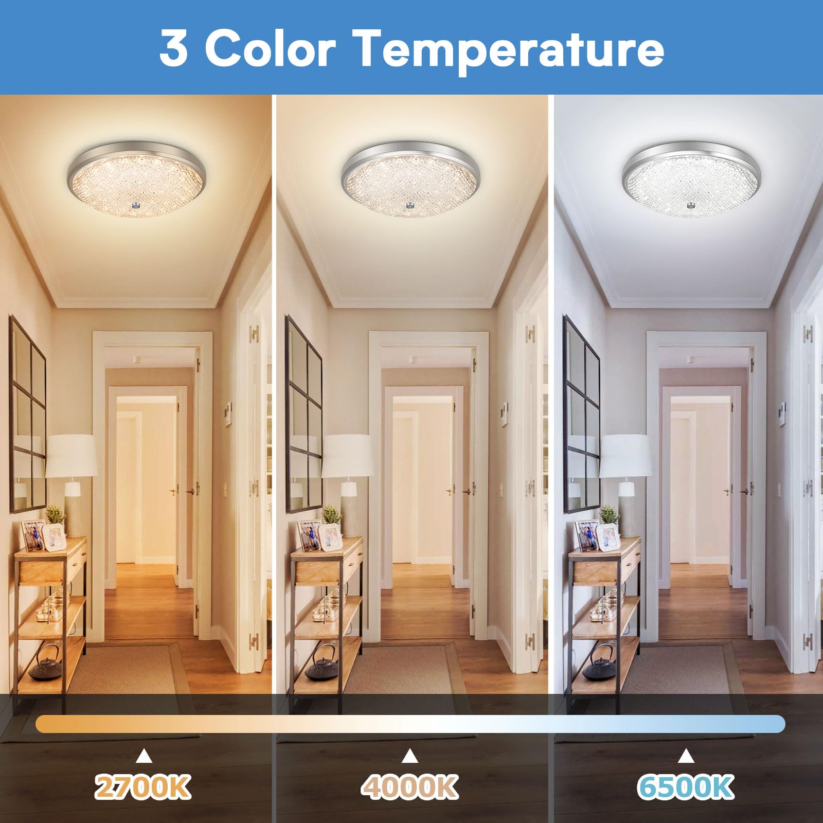 OOWOLF Flush Mount Ceiling Light 40W 2700-6500K Adjustable LED Brushed Nickel Base 12.67 Inch White Model LM-US-CT21R