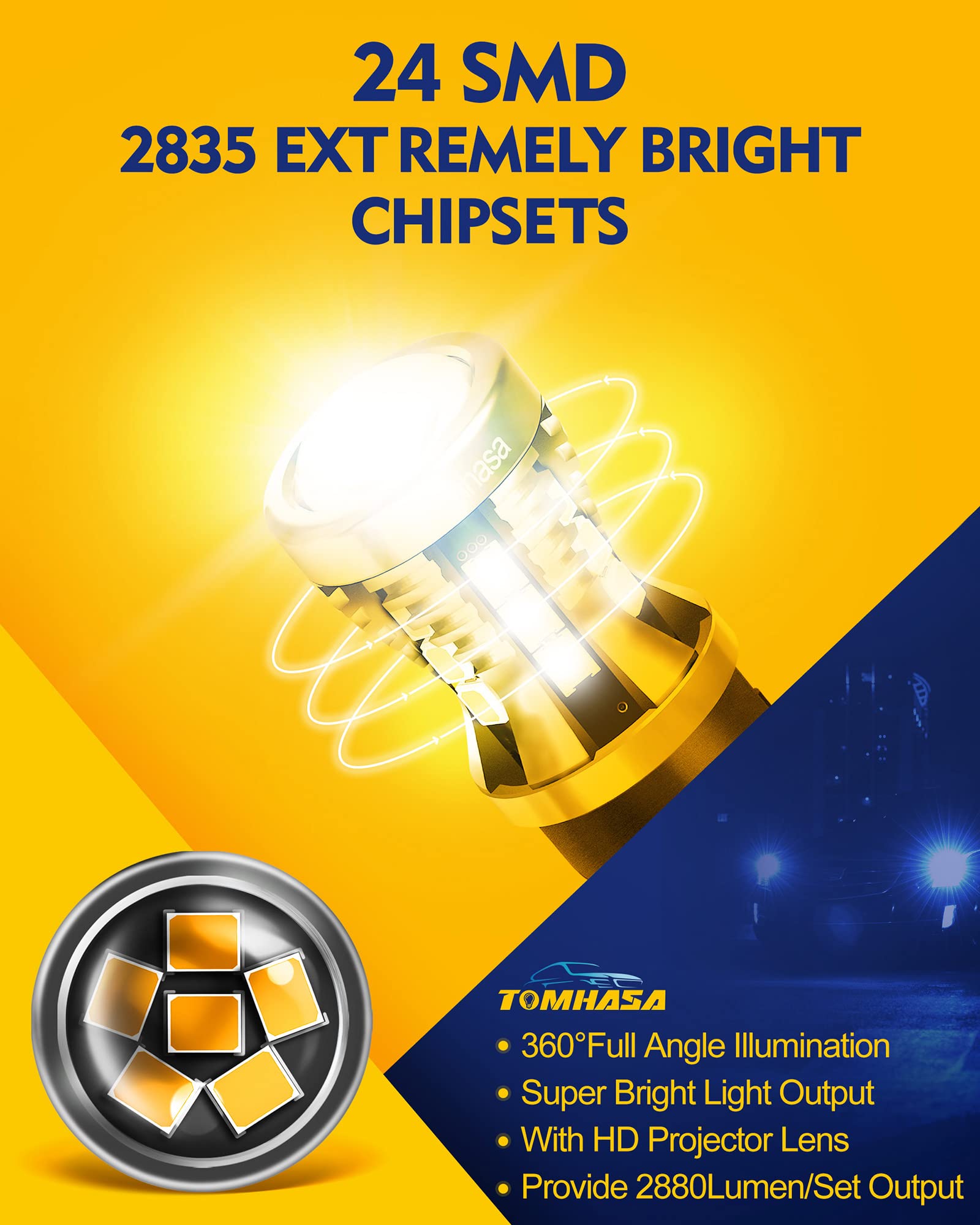 Tomhasa 3157 Led Bulbs For Turn Signal Light Bulbs, Amber Yellow 3056 3156 3057 4157 Led Replacement Bulbs For Front Rear Turn Signal Light Blinker Parking Side Marker Brake Lights, Pack Of 2