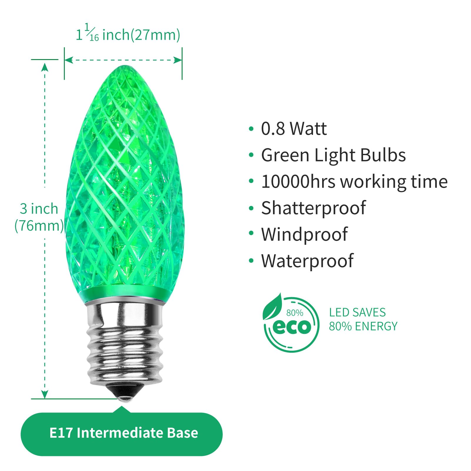 Meconard C9 Led Replacement Christmas Light Bulbs, C9 Shatterproof Led Bulbs For Christmas Indoor Outdoor String Lights, E17 Intermediate Base, Commercial Grade Holiday Bulbs, Green, 25Pack