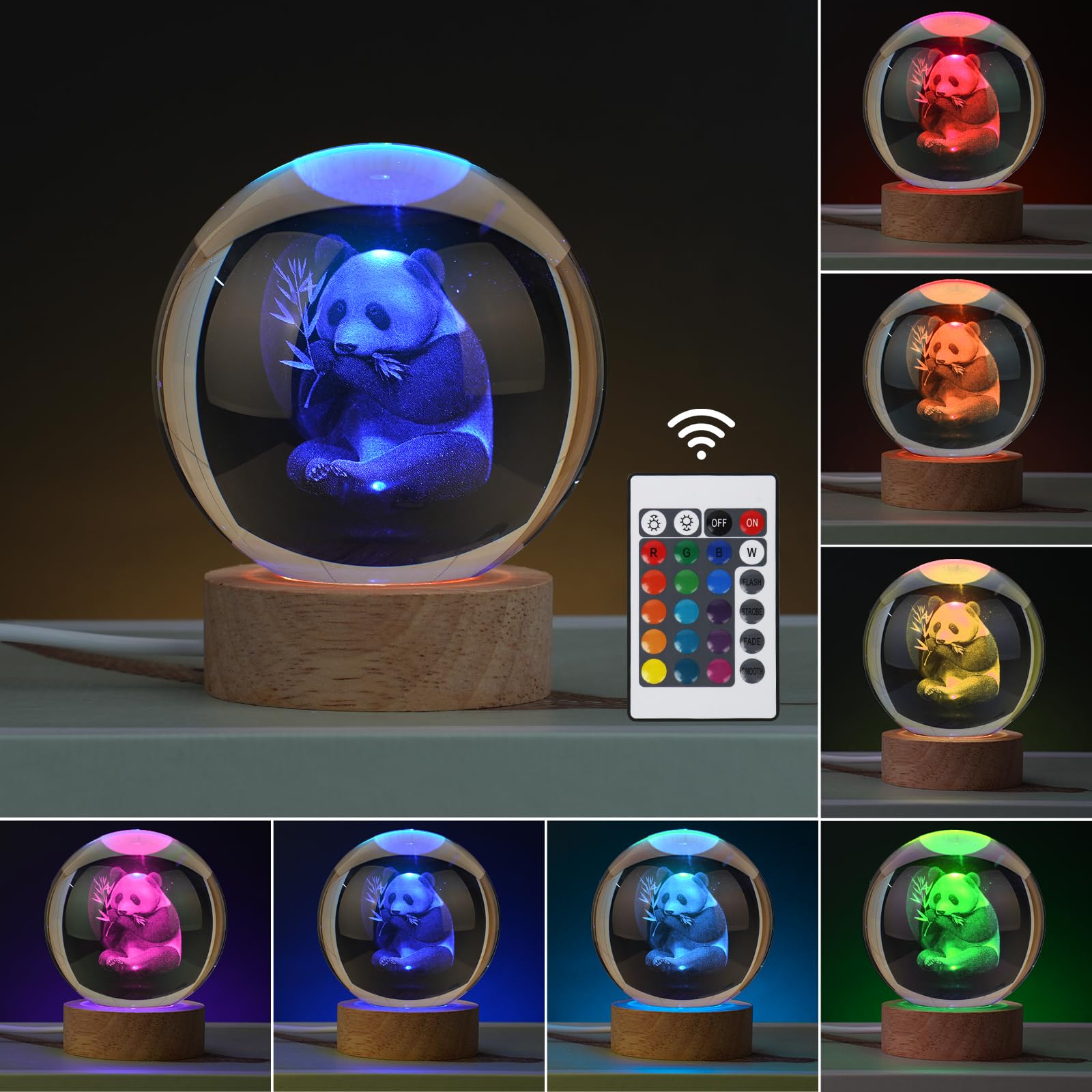 Janarary Large 3D Panda Crystal Ball Night Light, Panda Figurines In Crystal Lamp 16 Color Changing With Remote Control For Bedr