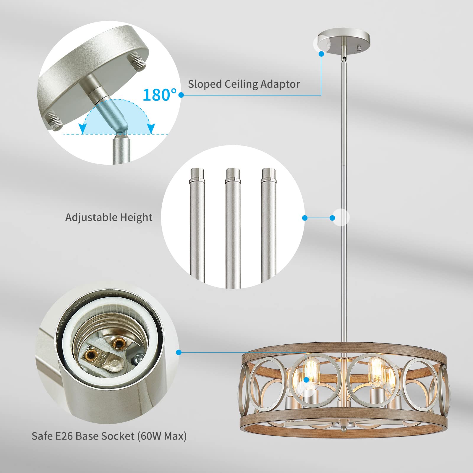 Xingqi Rustic Chandelier Brushed Nickel, Drum Chandeliers For Dining Room Modern Light Fixture Over Table Farmhouse Metal Wood Grain Pendant 5 Lights