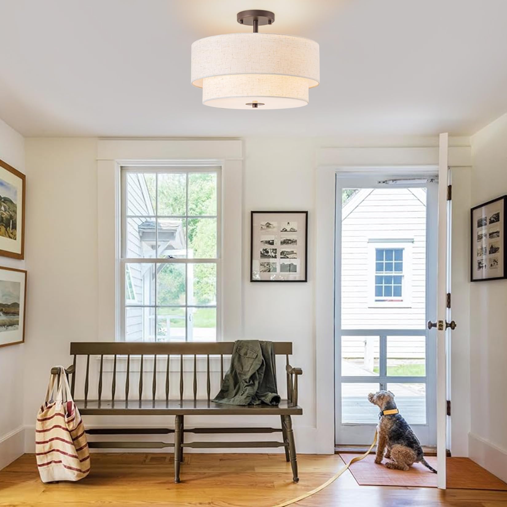 Bargeni 16'' Semi Flush Mount Ceiling Light, 3-Light Drum Ceiling Light Fixture, Oil Rubbed Bronze With Double Linen Fabric Shad