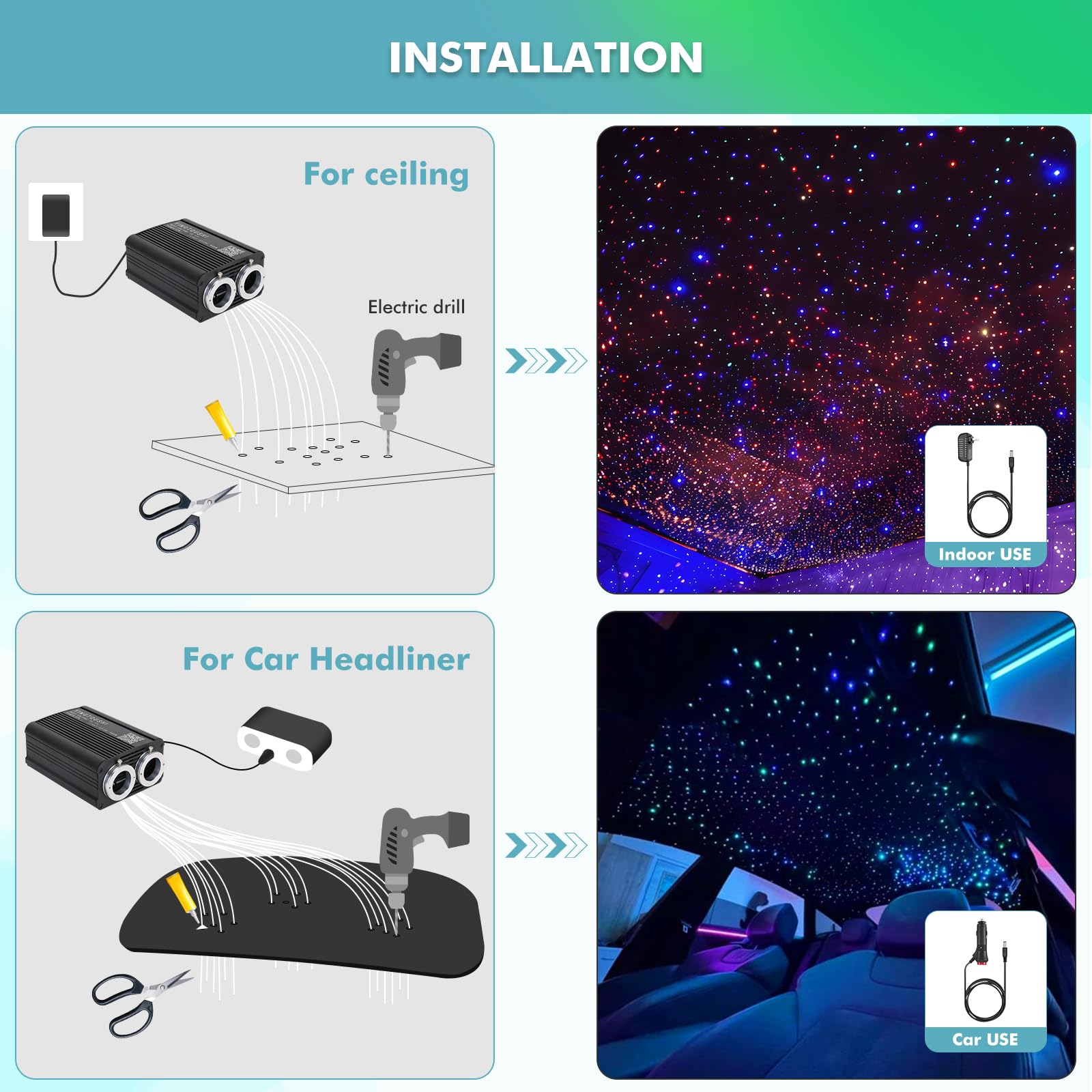 YINGTOUSHI Dual Color Twinkle Starlight Headliner Kit, Music Sync 1000pcs 0.03in 9.8ft Fiber Optic Light APP/Remote Control for