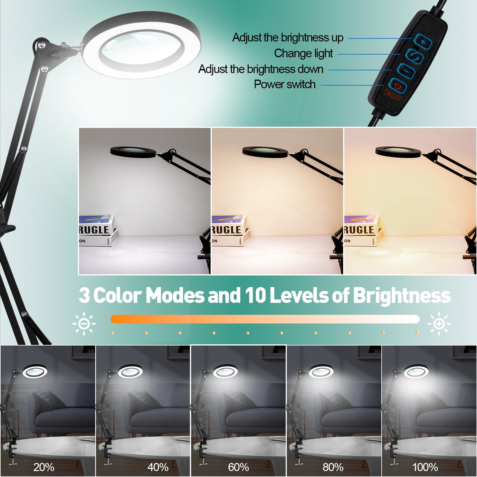 Kuvrs 10X Magnifying Glass With Light, 1,800 Lumen 3 Color Stepless Dimming, 4.2 Inch Real Glass Lens Led Lighted Magnifier, Adjustable Swing Arm With Clamp Desk Lamp For Craft Repair Crochet Puzzles