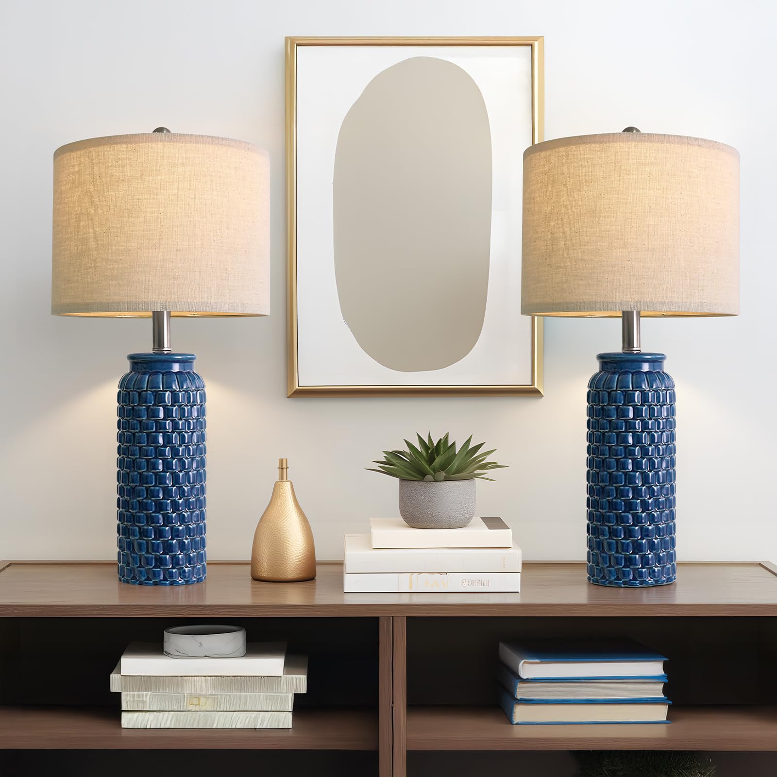 Usumkky 24 Inches Modern Ceramic Dark Blue Bedside Lamp Set Of 2 For Bedroom Decor Farmhouse Table Lamp For Living Room Office D