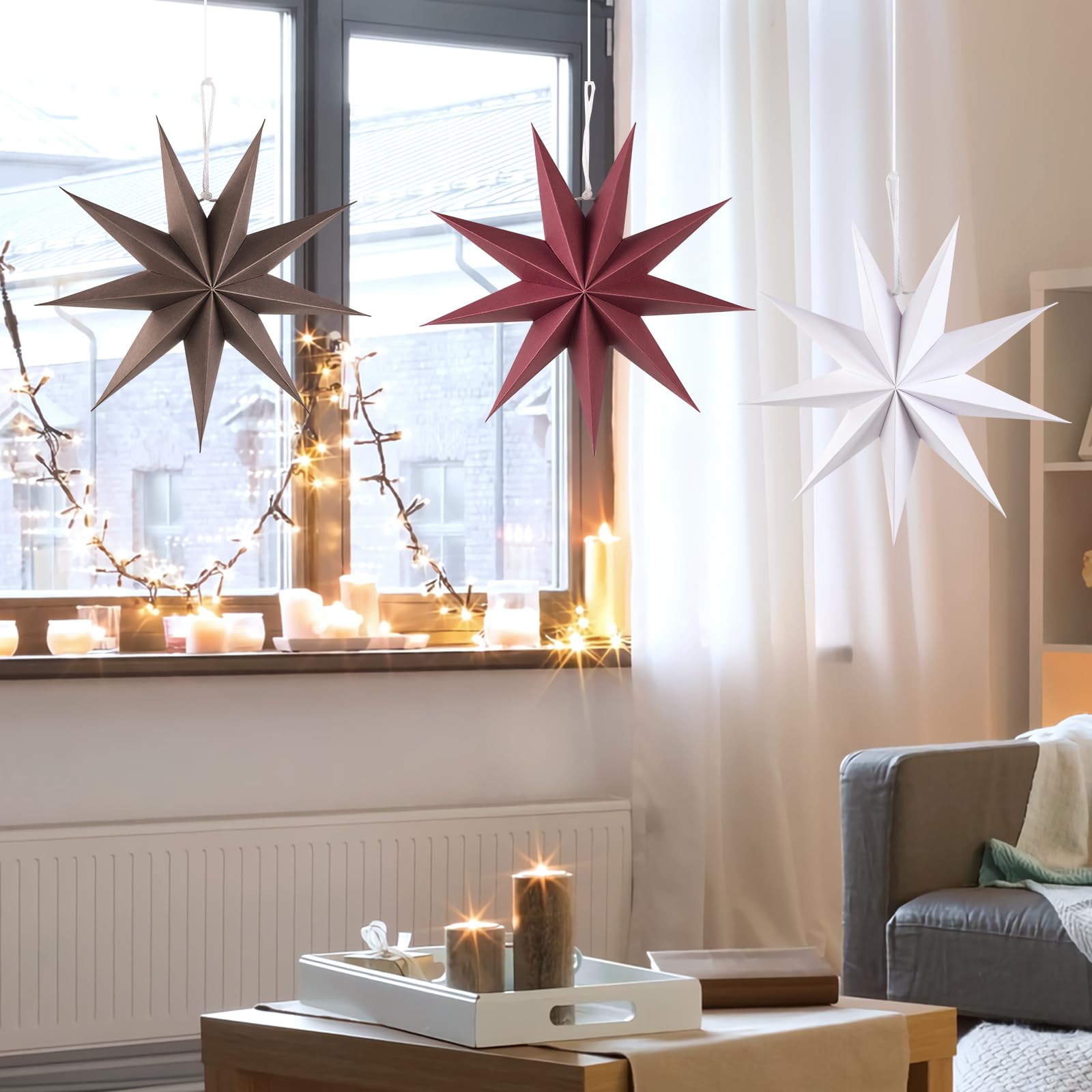 Sunbeauty 3 Pcs 9-Pointed Brown Burgundy White Paper Star Lanterns 12 Inch Christmas Hanging Lamp Rustic Paper Decorations Shade