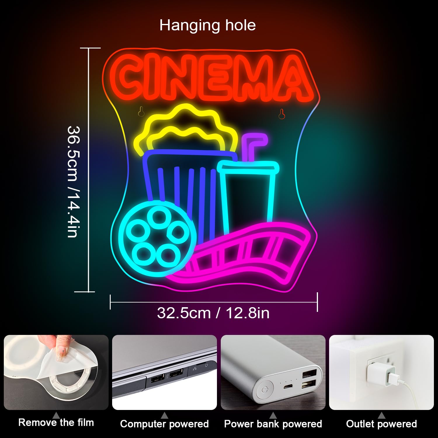 Looklight Cinema Popcorn Paper Box LED Neon Sign, Dimmable USB Light, 16x12 inches, Plastic, Cinema Color