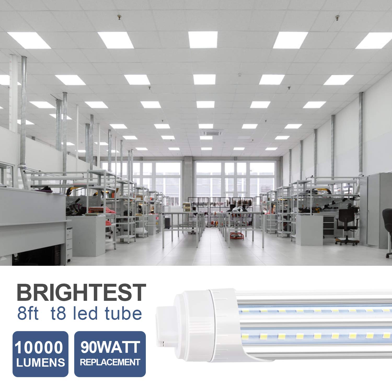 Led Shop Light 8Ft Tube, 2 Pin Led Tube Lights, V Shaped, R17D Ho Rotatable Led Bulb, 90W, Clear Cover, Cold White 6000K, Fluore