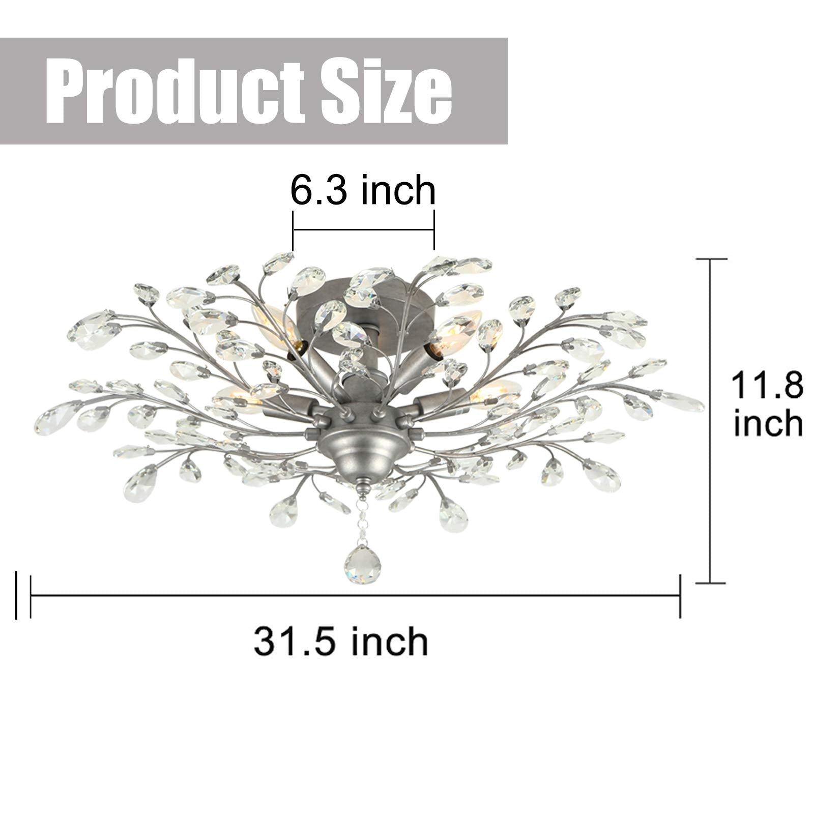 SEOL Ceiling Light Fixture, Crystal, 5-Light, 200W, 31.5in Dia, Silver Grey, Model SLP1801PAPA