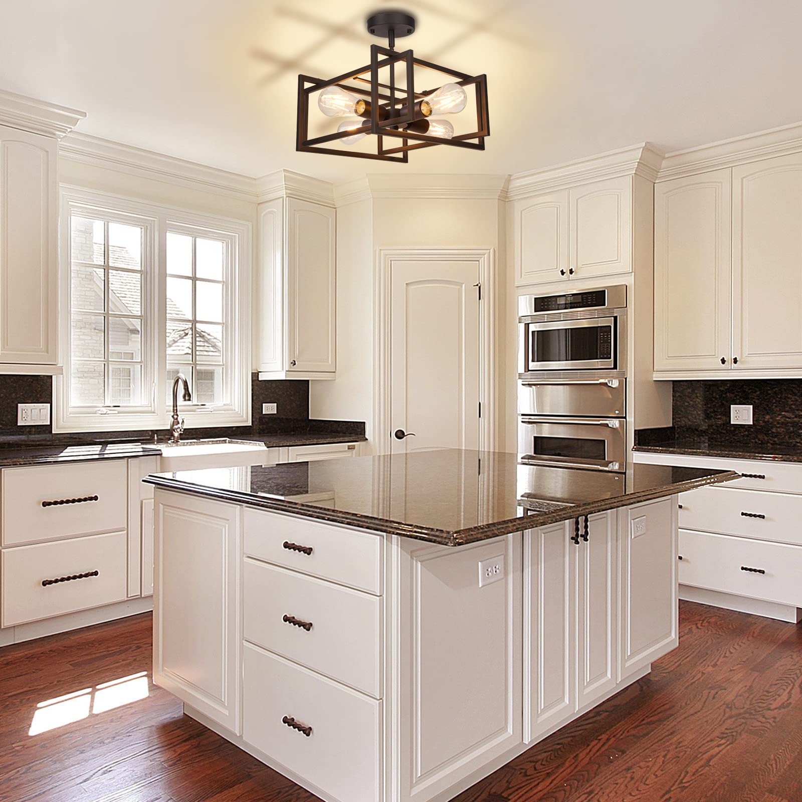 Fadimikoo 4-Light Semi Flush Mount Kitchen Ceiling Light Fixture, Black Metal, Modern Rectangle Frame, Ideal For Bedroom And Hallway