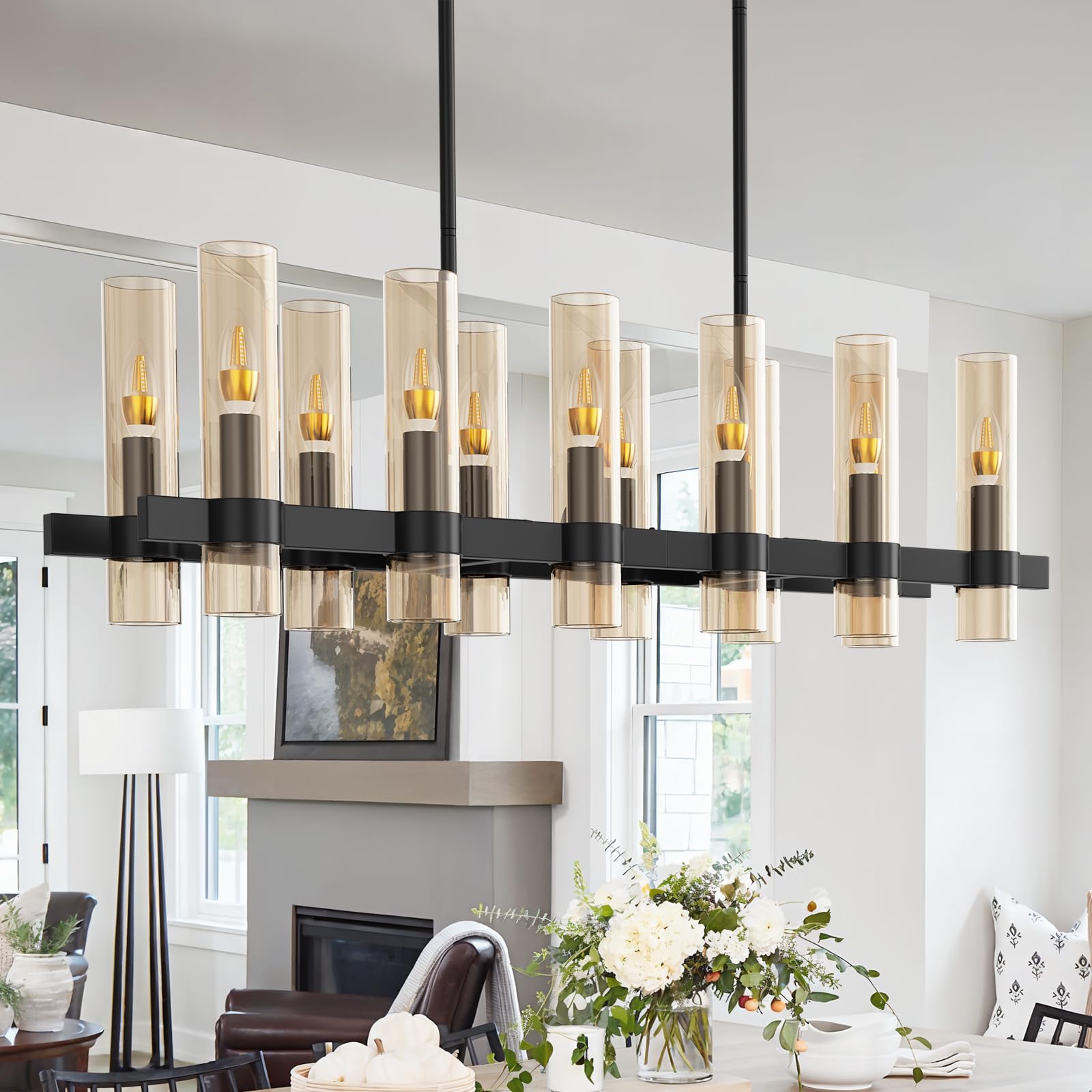 Jklx Modern Black Island Rectangle Chandelier With Amber Glass,48    Adjustable Height Modern Linear Light Fixture 12 Light Dini