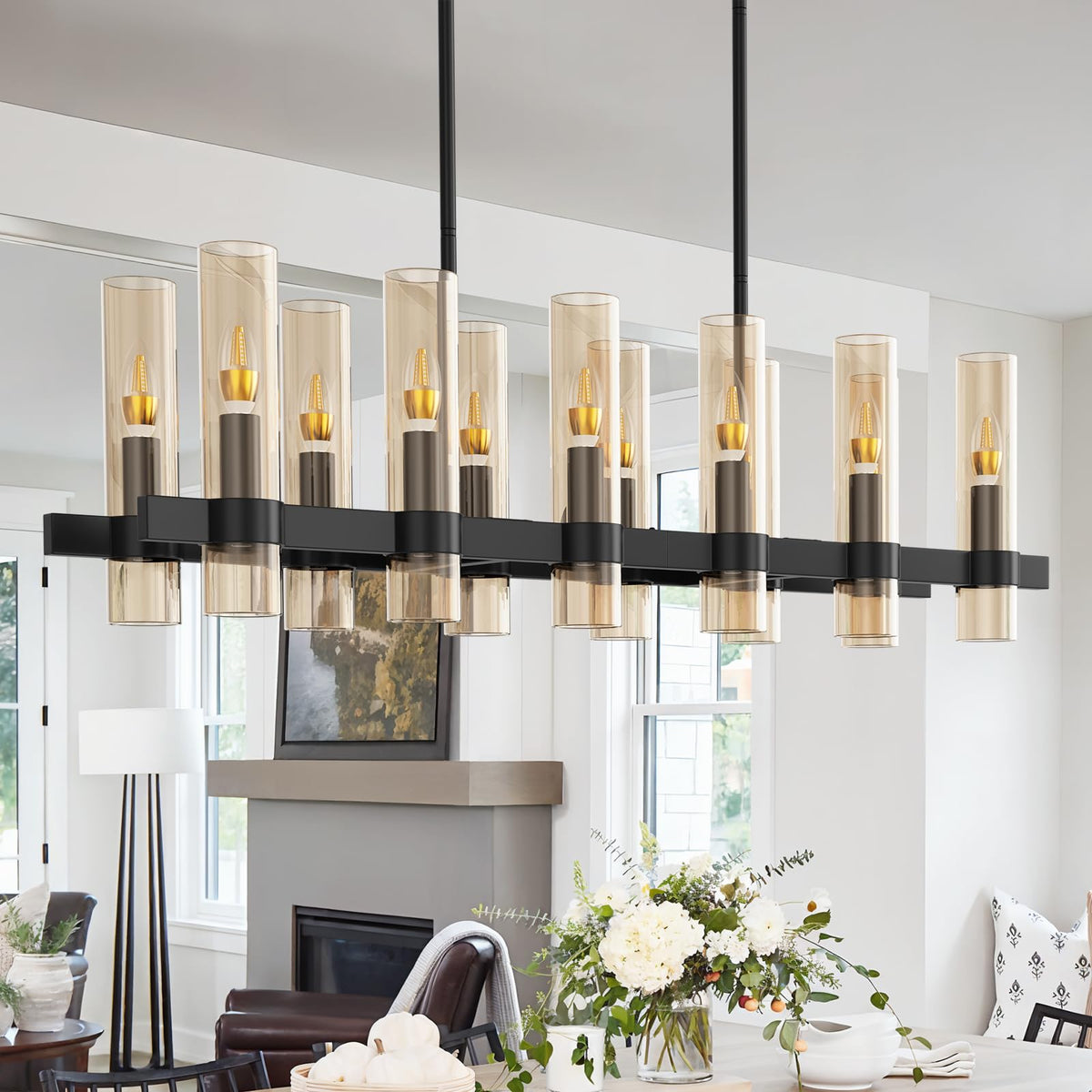 Jklx Modern Black Island Rectangle Chandelier With Amber Glass,48    Adjustable Height Modern Linear Light Fixture 12 Light Dini