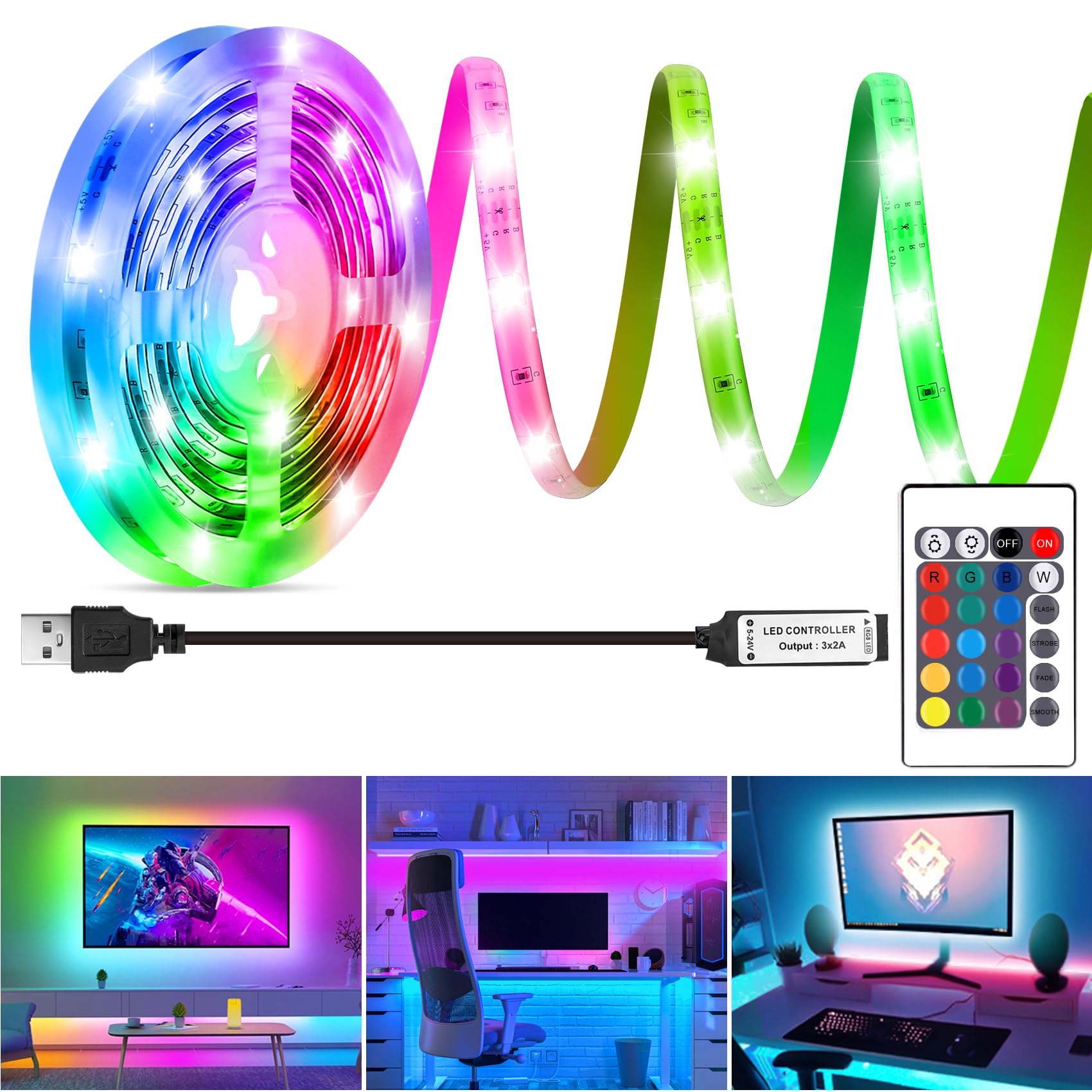 HOUHUI LED Strip Lights 6.56Ft, RGB LED Lights Strip for 40-60in TV Backlight, RGB Color Strips Light Waterproof IP65 with Remot