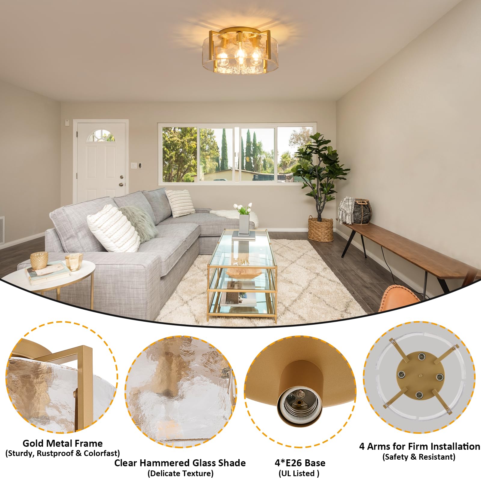Aklmxcg Semi Flush Mount Ceiling Light Fixture, 4-Light Gold Modern Hallway Light Fixtures Ceiling Mount, Foyer Kitchen Lighting