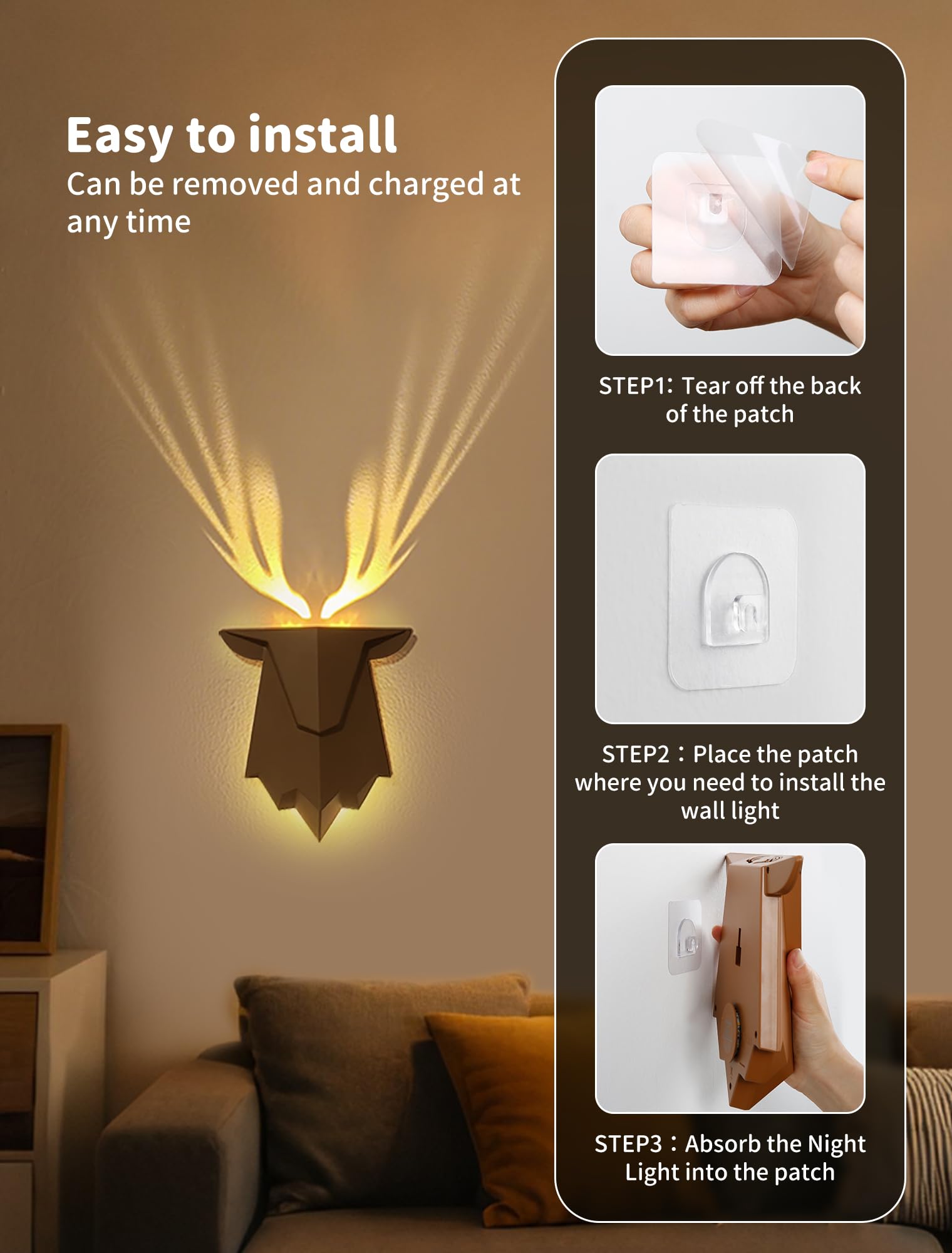 Tarinks Deer Wall Light, Halloween Night Light with Remote Control, Rechargeable Antler Lamp, Deer Wall Sconce Nightlight for Li