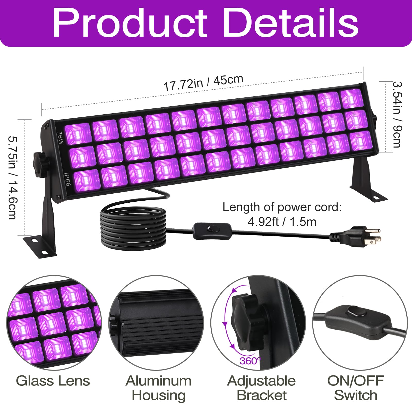 PIZHLO 76W Black Light Bar - 108 LEDs, IP66 Waterproof, Purple, 5ft Cord, Perfect for Glow Parties, Body discomfort-reducingt, Bedroom, Halloween