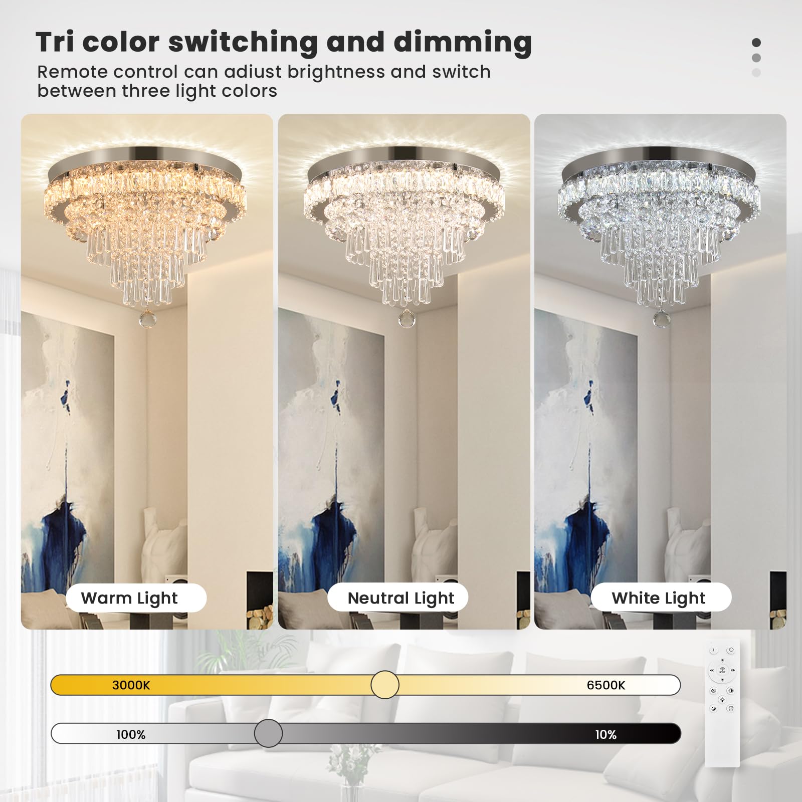 FRIXCHUR Crystal Chandelier LED Ceiling Light Fixture, Dimmable, Large, Stainless Steel, Model QH-MC109, 17.7 Inch
