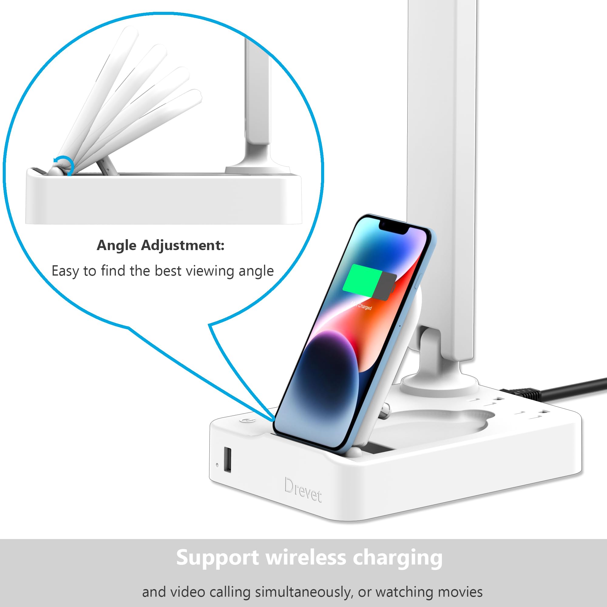 Drevet Led Desk Lamp With Wireless Charger, Desk Table Light With Usb Charging Port And 2 Outlets, 3 Lighting Modes, 3 Level Bri