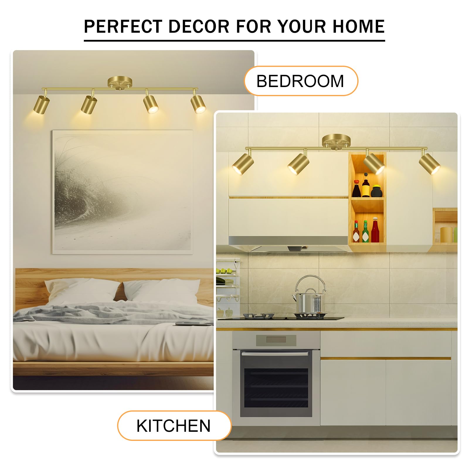 Boostarea Gold Led 4 Light Track Lighting Kit, 4 Way Ceiling Spot Lighting, Flexibly Rotatable Light Head For Kitchen, Living Ro